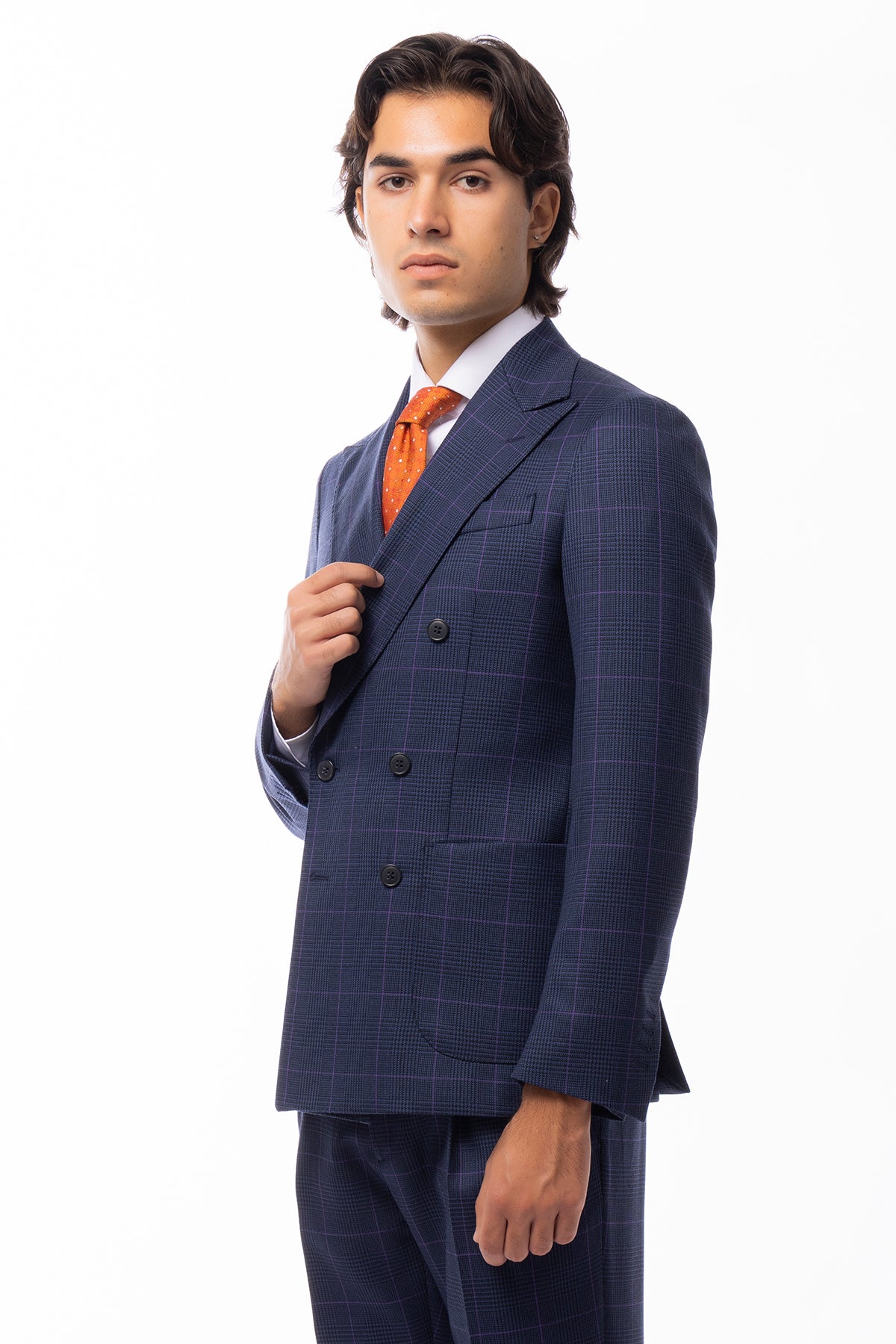 Giacca uomo doppiopetto blu fantasia principe di galles in pura lana Holland & Sherry Rever a lancia e tasche a toppe