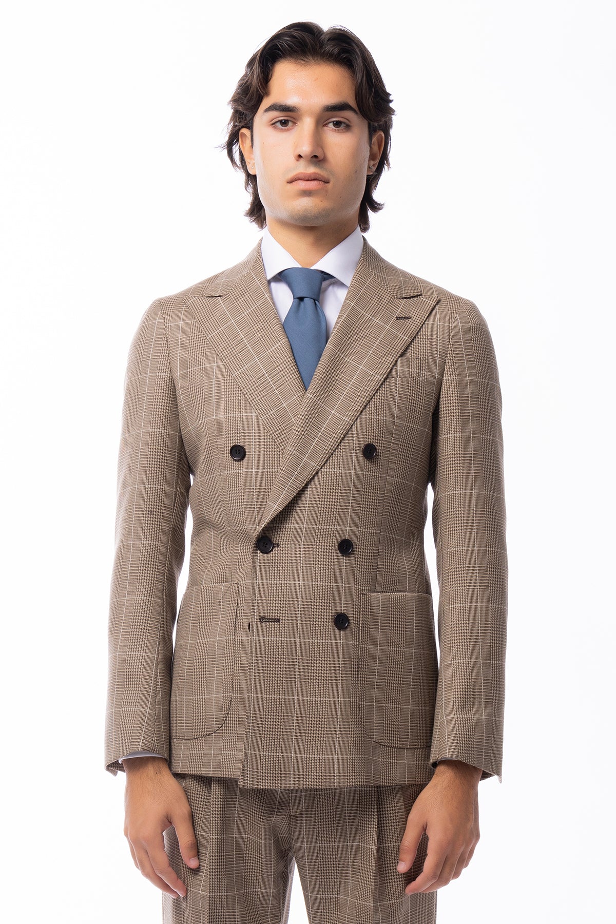 Abito uomo doppiopetto beige fantasia principe di galles in pura lana Holland &amp; Sherry Rever a lancia e tasche a toppe