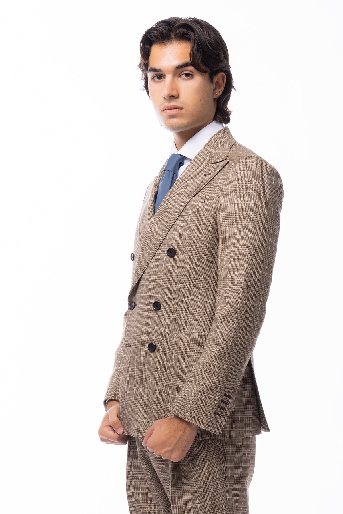 Giacca uomo doppiopetto beige fantasia principe di galles in pura lana Holland & Sherry Rever a lancia e tasche a toppe