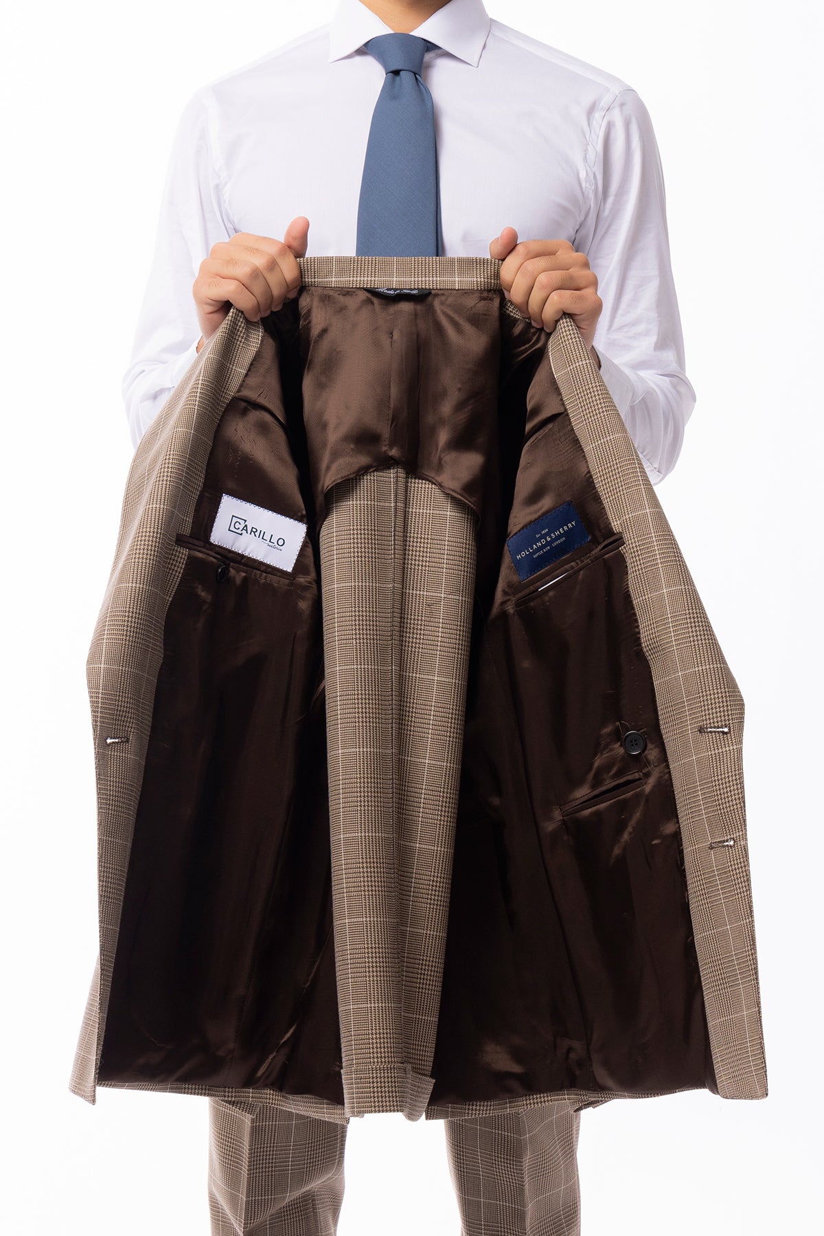 Giacca uomo doppiopetto beige fantasia principe di galles in pura lana Holland & Sherry Rever a lancia e tasche a toppe