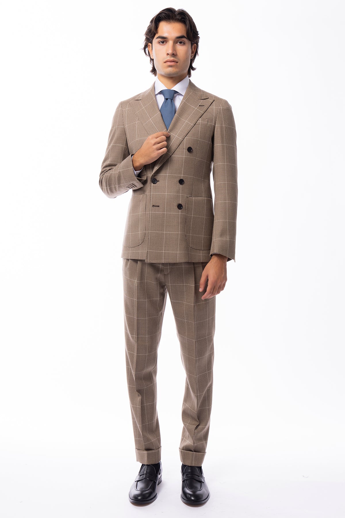 Giacca uomo doppiopetto beige fantasia principe di galles in pura lana Holland & Sherry Rever a lancia e tasche a toppe