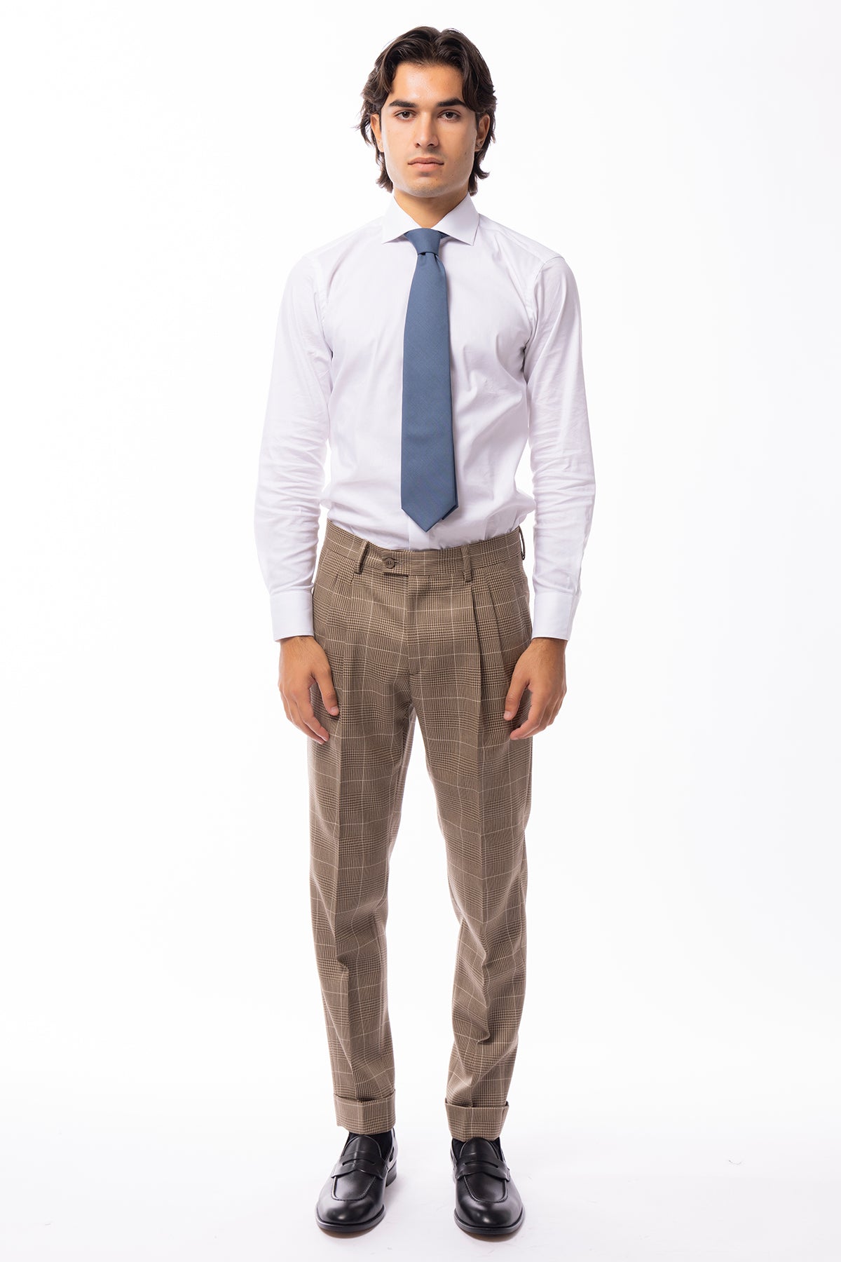 Pantalone uomo beige fantasia principe di galles in pura lana Holland & Sherry doppia pinces risvolto 5cm