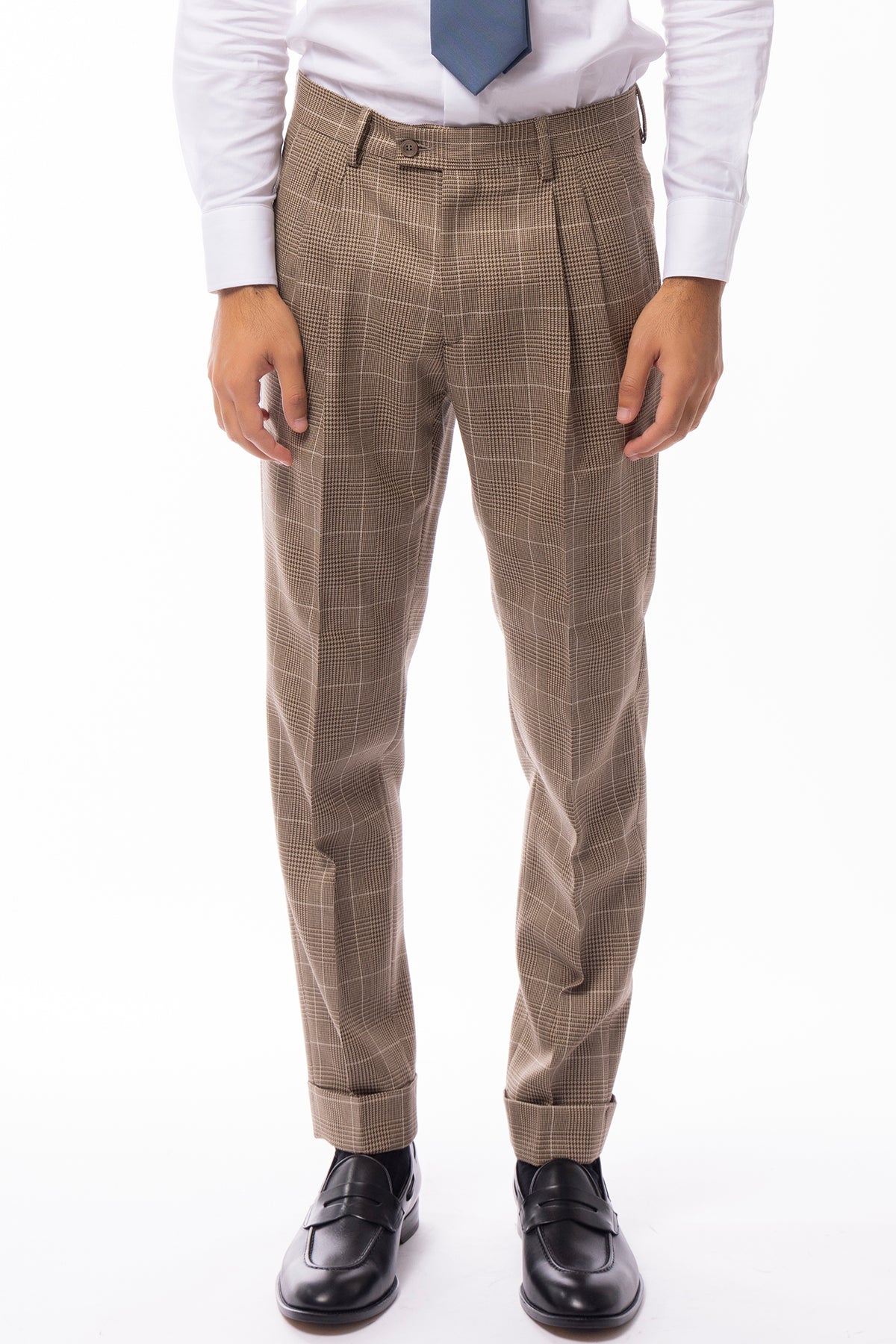 Pantalone uomo beige fantasia principe di galles in pura lana Holland & Sherry doppia pinces risvolto 5cm