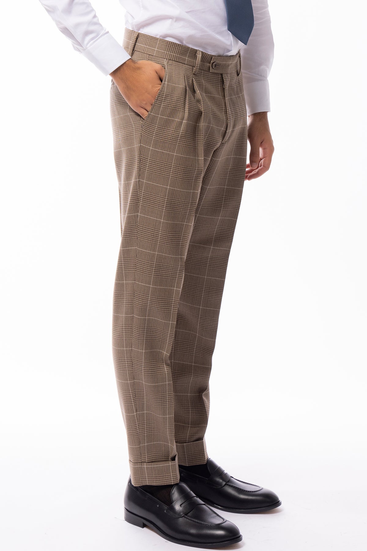 Pantalone uomo beige fantasia principe di galles in pura lana Holland & Sherry doppia pinces risvolto 5cm