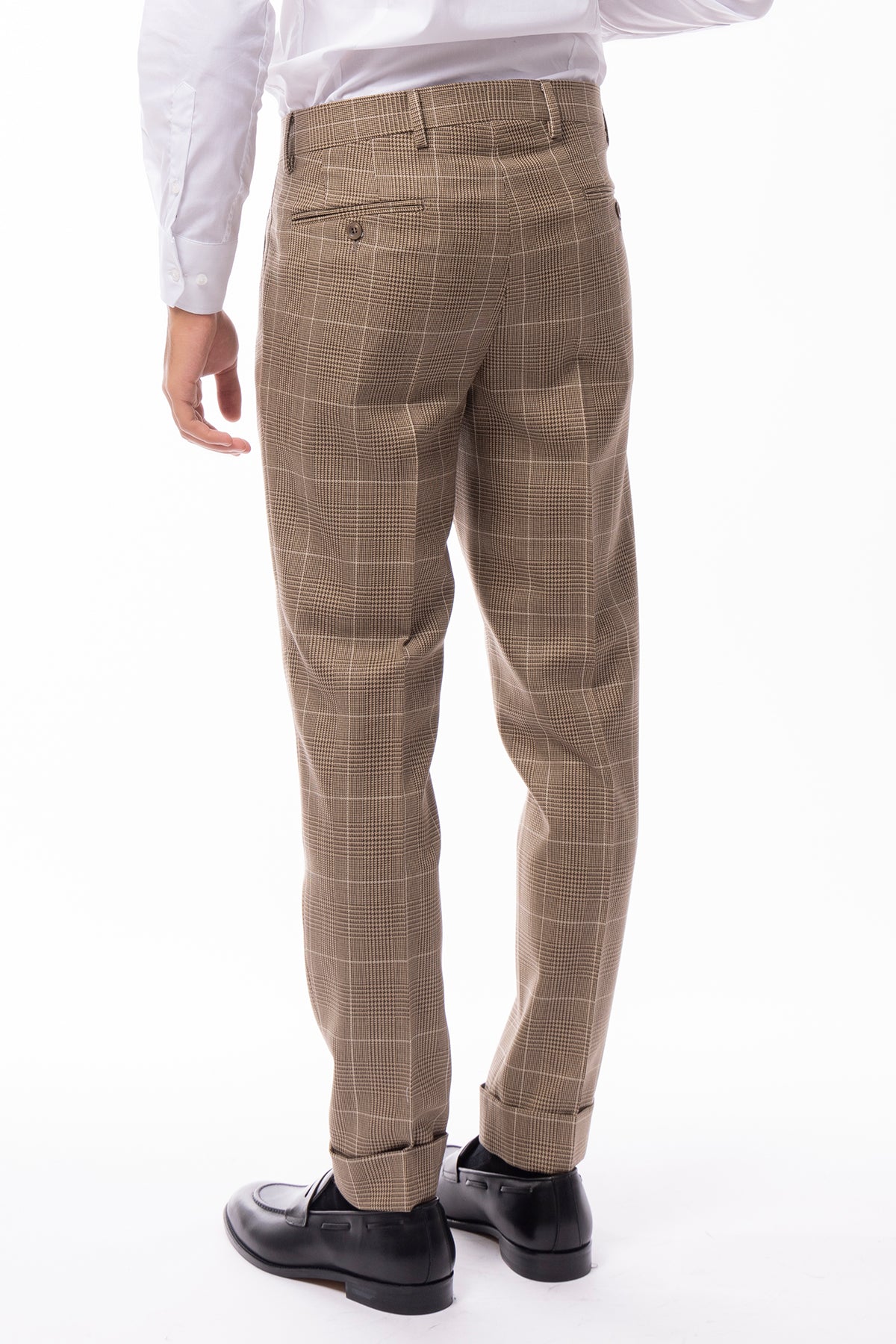 Pantalone uomo beige fantasia principe di galles in pura lana Holland & Sherry doppia pinces risvolto 5cm