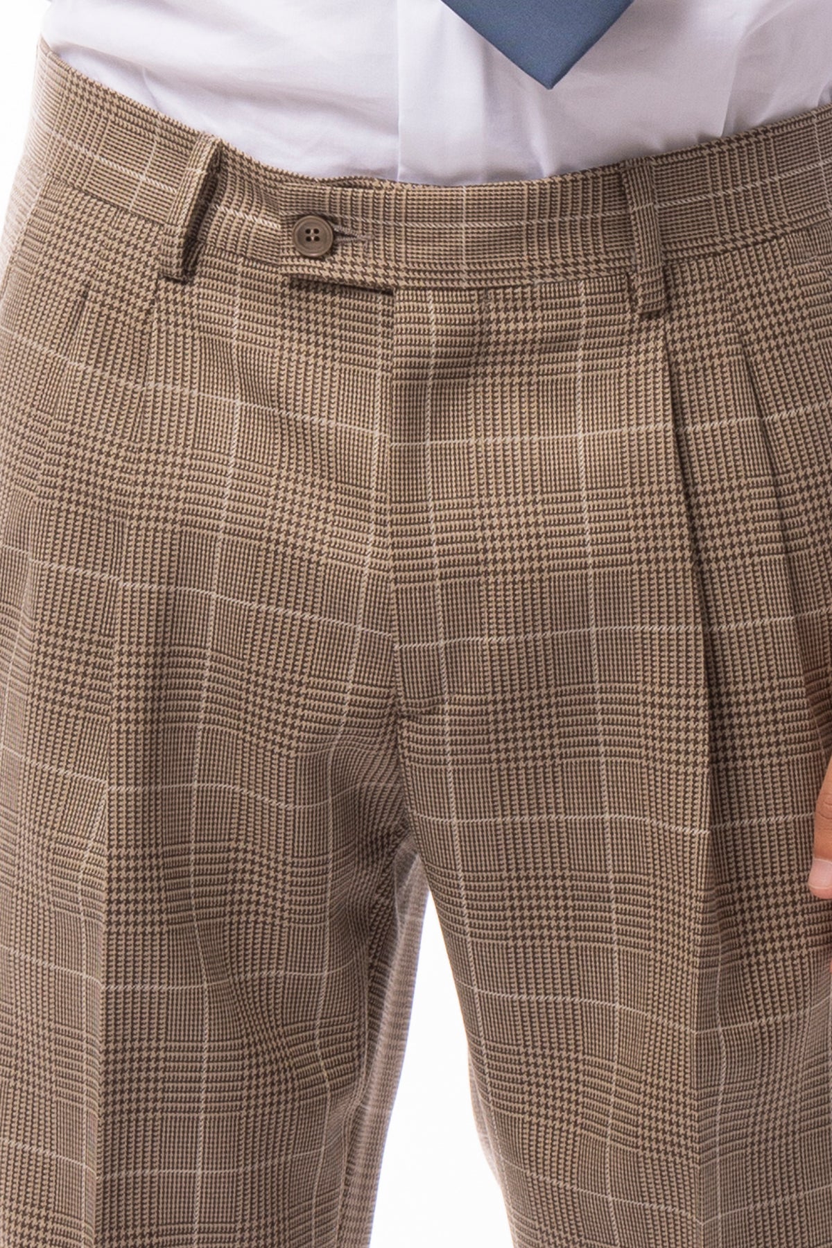 Pantalone uomo beige fantasia principe di galles in pura lana Holland & Sherry doppia pinces risvolto 5cm