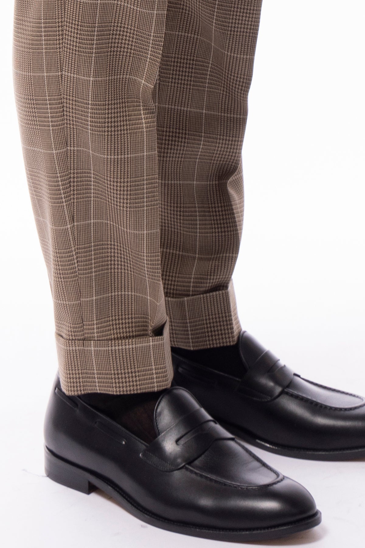 Pantalone uomo beige fantasia principe di galles in pura lana Holland & Sherry doppia pinces risvolto 5cm