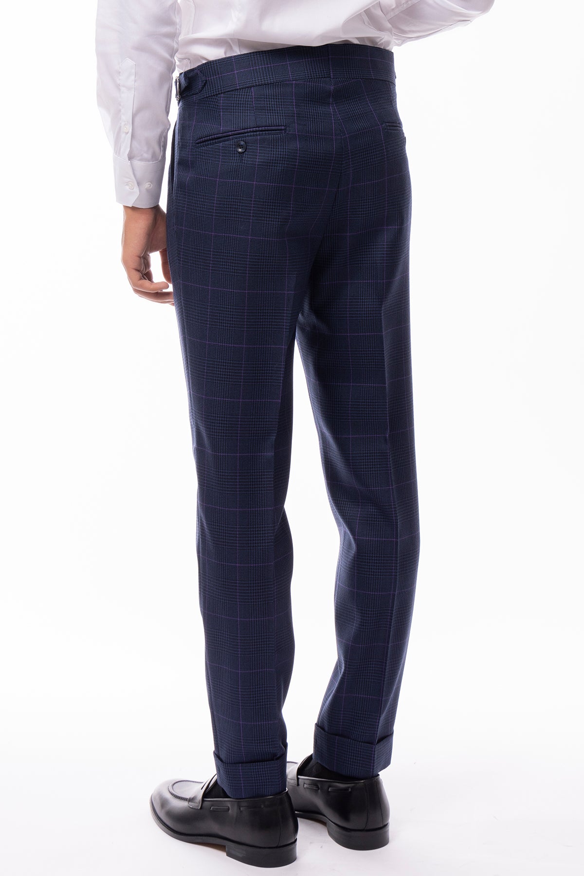 Pantalone uomo blu fantasia principe di galles in pura lana Holland & Sherry doppia pinces risvolto 5cm