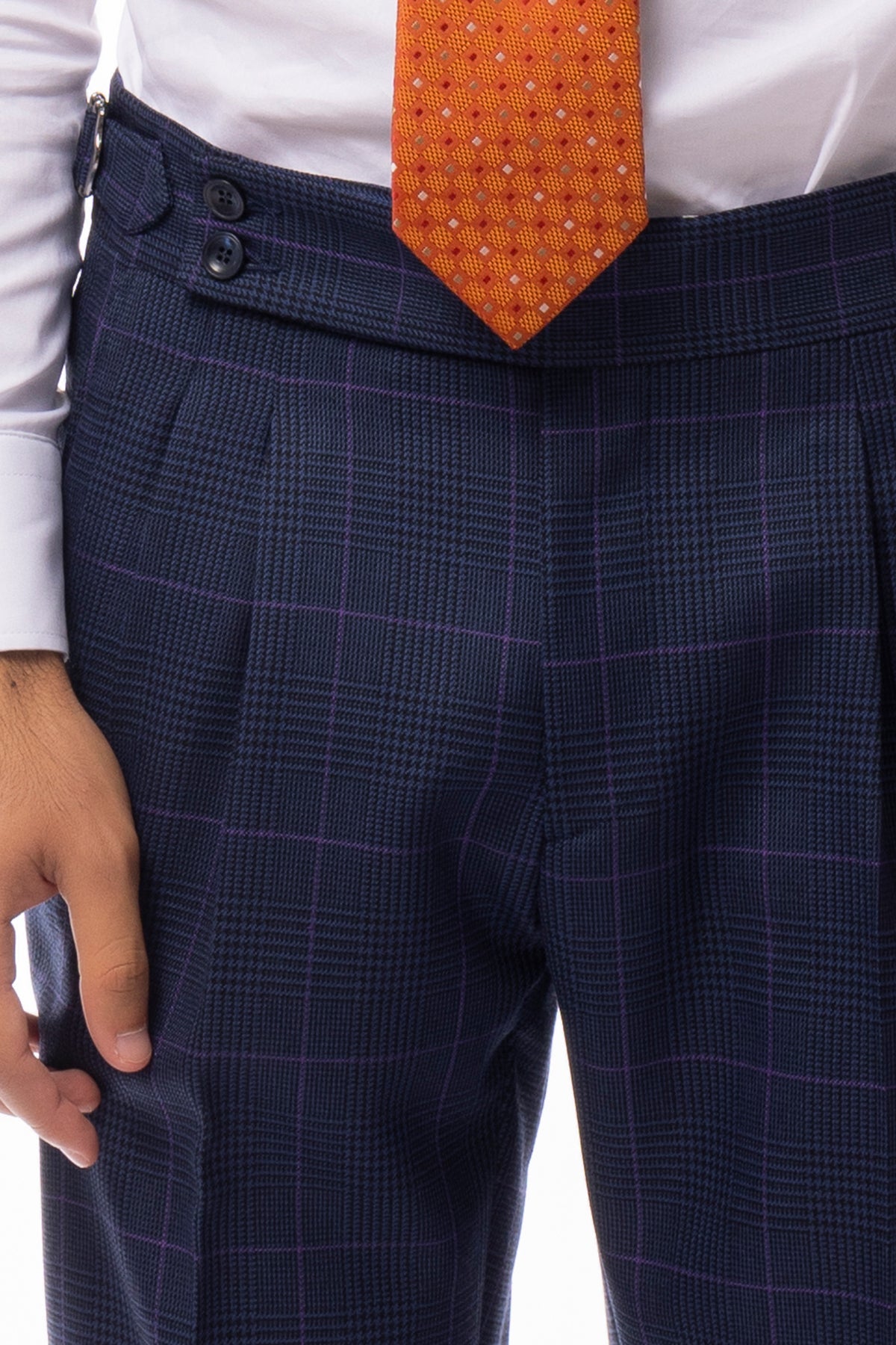 Pantalone uomo blu fantasia principe di galles in pura lana Holland & Sherry doppia pinces risvolto 5cm