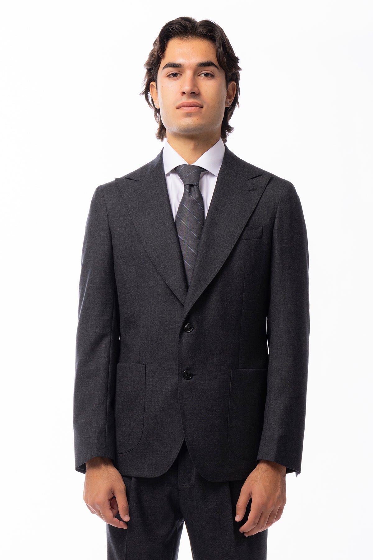 Giacca uomo Monopetto Grigio scuro in lana Flanella Vitale Barberis Canonico slim fit rever largo sartoriale