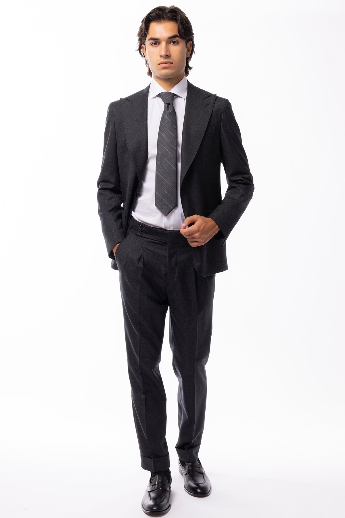 Giacca uomo Monopetto Grigio scuro in lana Flanella Vitale Barberis Canonico slim fit rever largo sartoriale