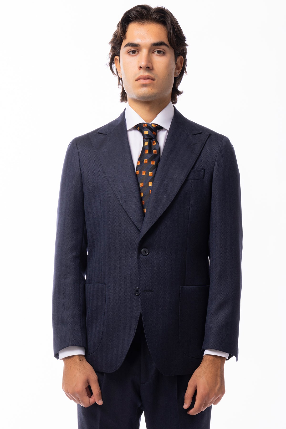 Giacca uomo monopetto blu spigata 100% Lana WORSTED Holland & Sherry slim fit rever largo