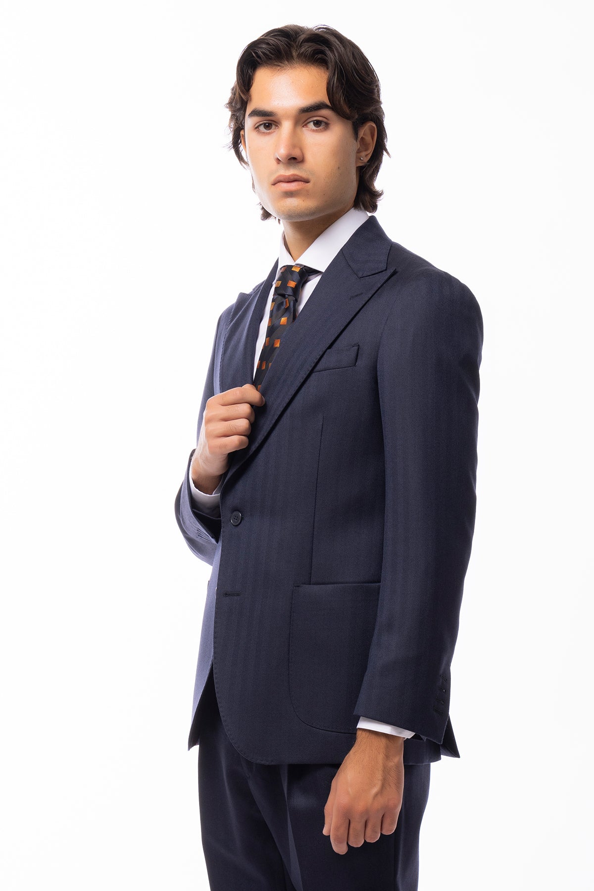 Giacca uomo monopetto blu spigata 100% Lana WORSTED Holland & Sherry slim fit rever largo