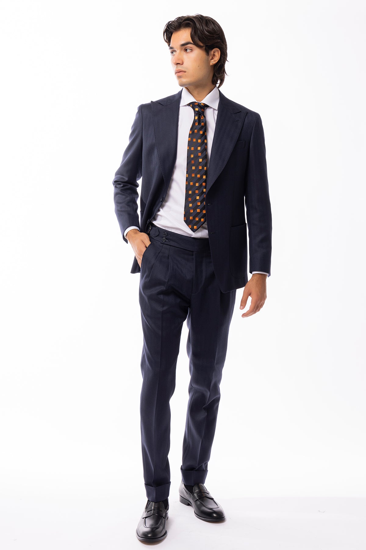 Giacca uomo monopetto blu spigata 100% Lana WORSTED Holland & Sherry slim fit rever largo