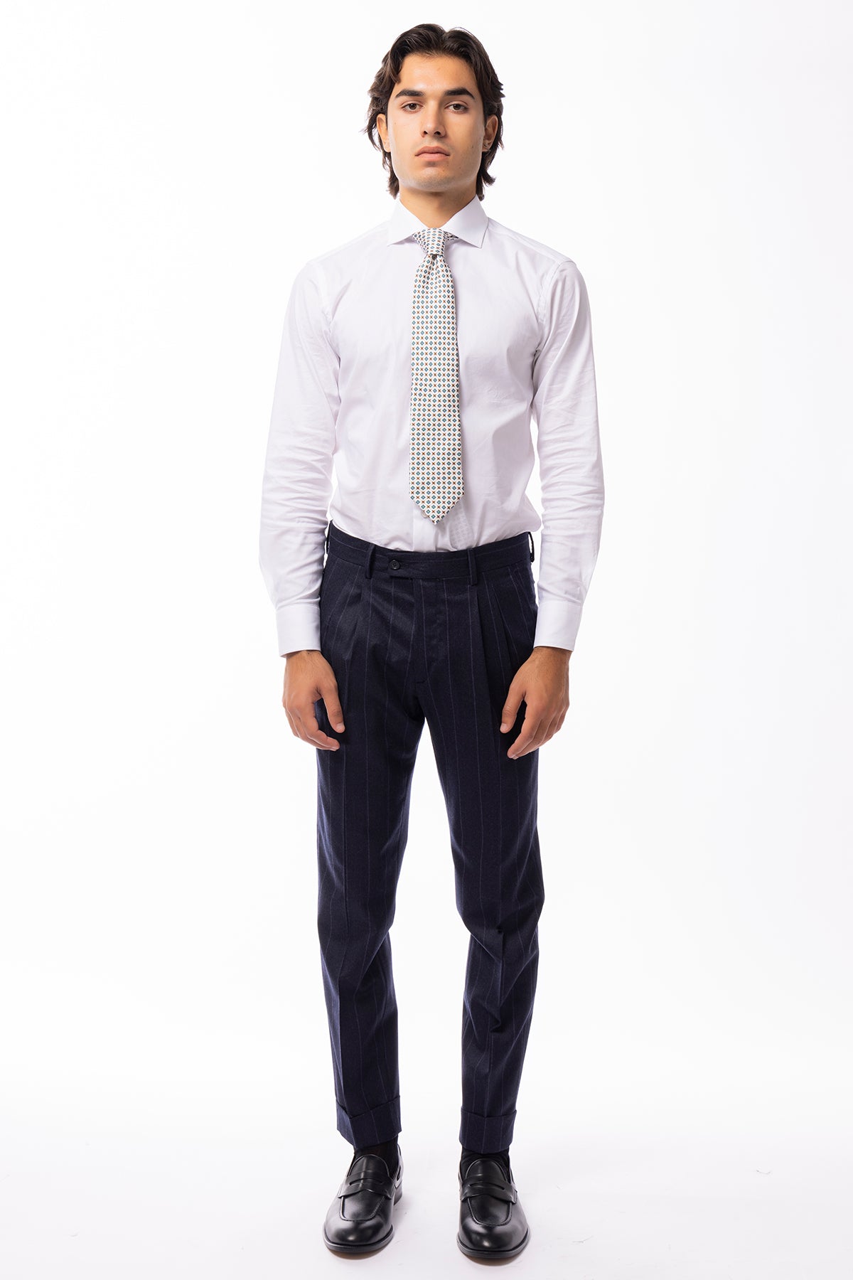 Pantalone uomo blu gessato viola vita alta tasca america in lana flanella con doppia pinces e fibbie laterali Vitale Barberis Canonico