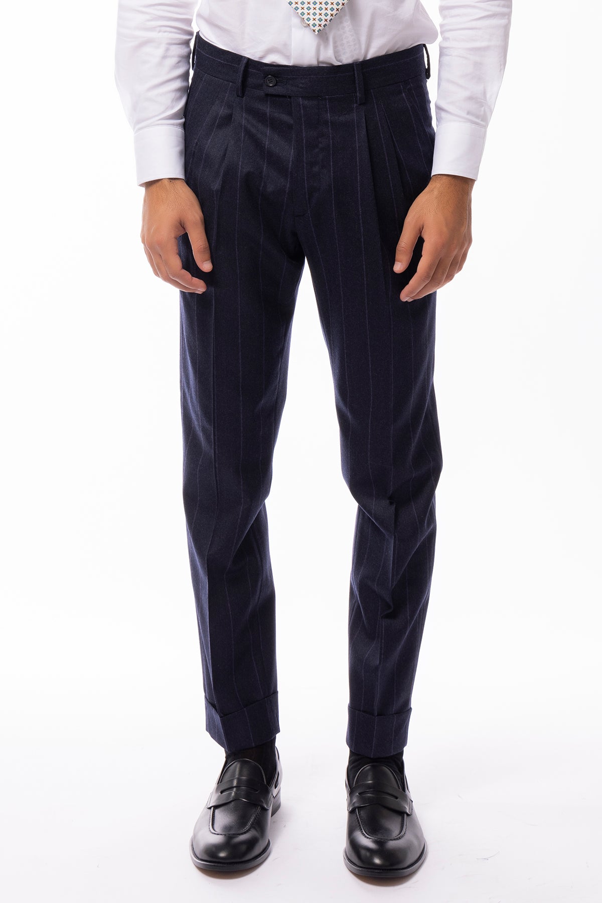 Pantalone uomo blu gessato viola vita alta tasca america in lana flanella con doppia pinces e fibbie laterali Vitale Barberis Canonico