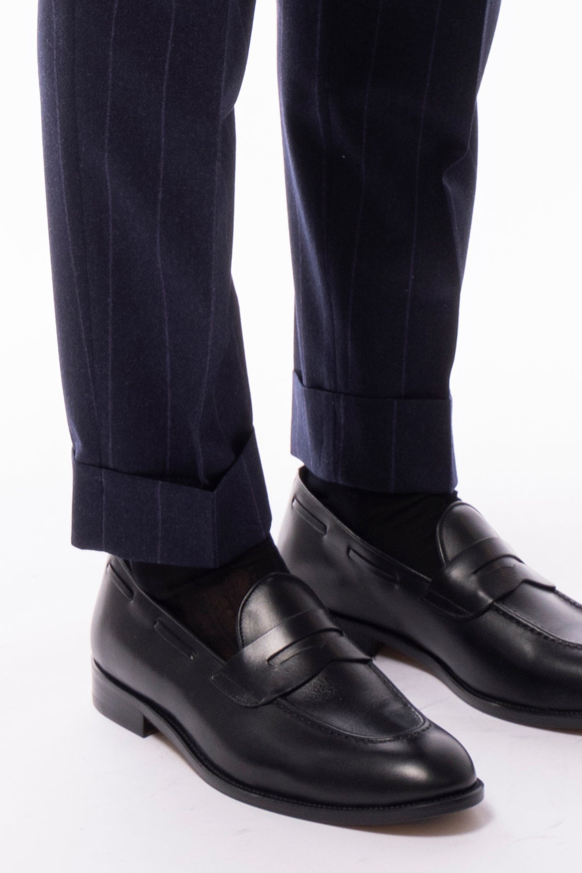 Pantalone uomo blu gessato viola vita alta tasca america in lana flanella con doppia pinces e fibbie laterali Vitale Barberis Canonico