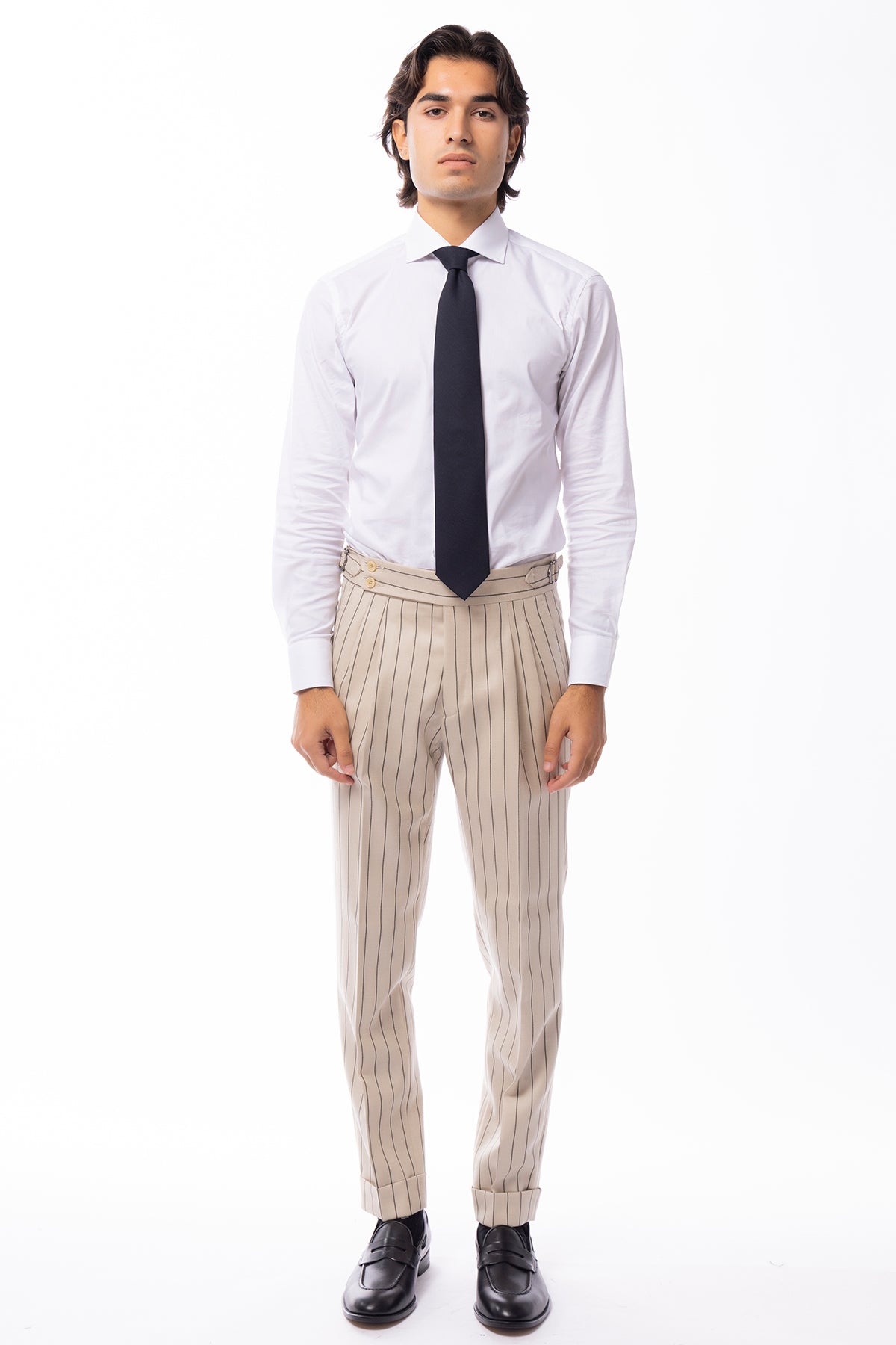 Pantalone uomo beige gessato nero vita alta in lana Holland & Sherry doppia pinces fibbie laterali risvolto 5cm .