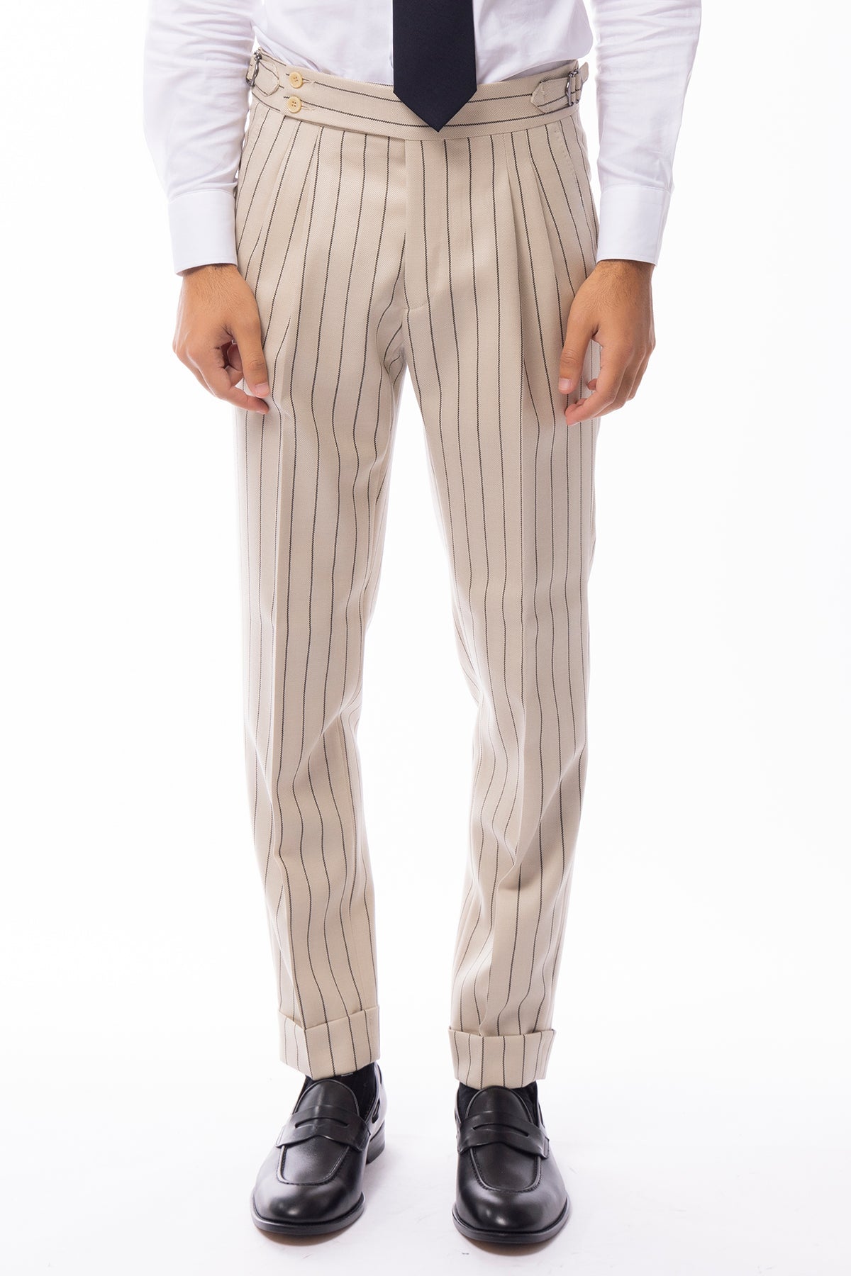 Pantalone uomo beige gessato nero vita alta in lana Holland & Sherry doppia pinces fibbie laterali risvolto 5cm .