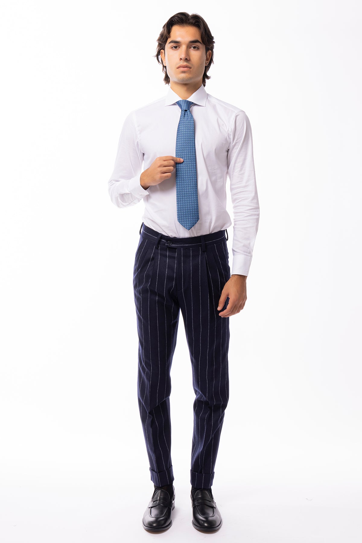 Pantalone uomo blu gessato vita alta tasca america in lana flanella Vitale Barberis Canonico con doppia pinces