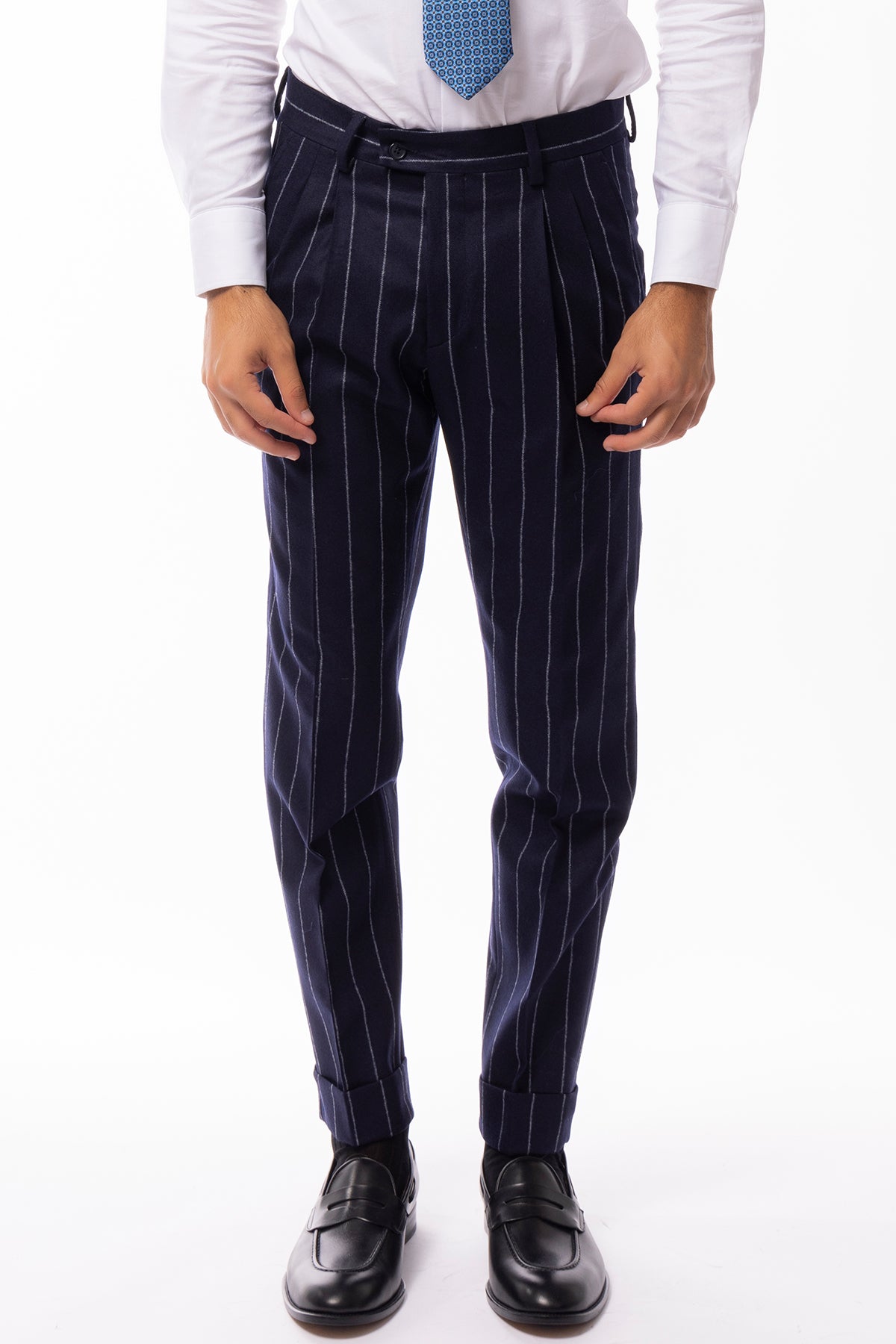 Abito uomo Doppiopetto blu Gessata in lana Flanella Vitale Barberis Canonico slim fit rever largo sartoriale