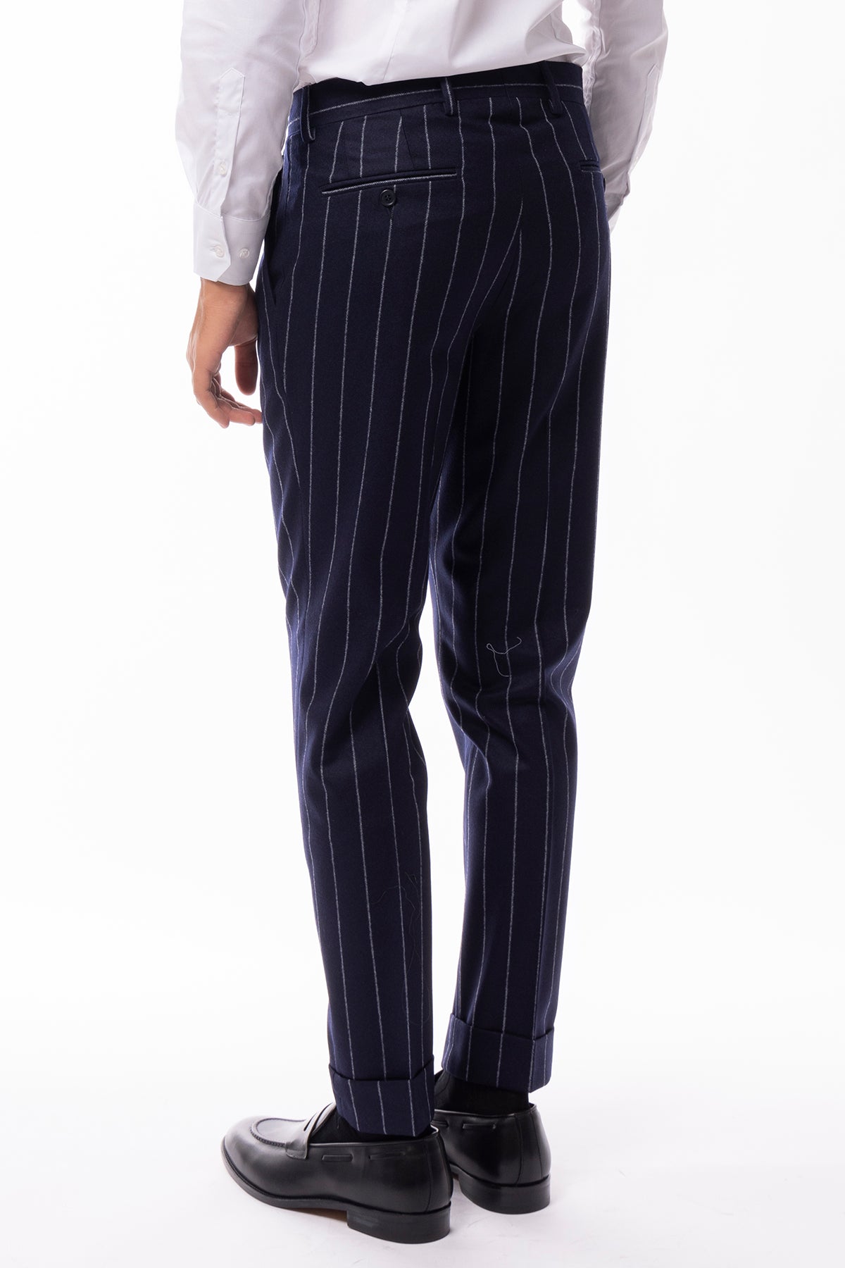 Pantalone uomo blu gessato vita alta tasca america in lana flanella Vitale Barberis Canonico con doppia pinces