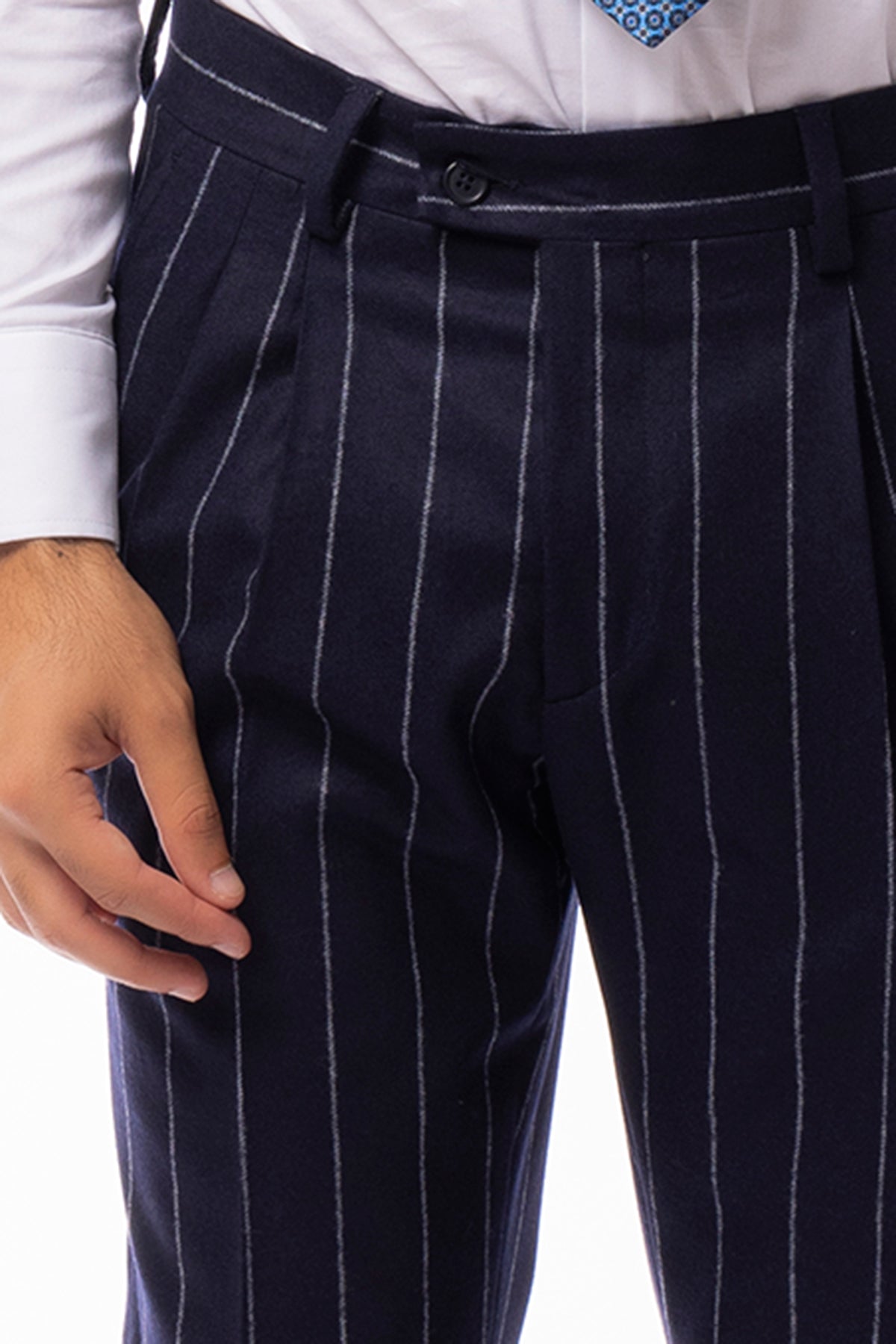Abito uomo Doppiopetto blu Gessata in lana Flanella Vitale Barberis Canonico slim fit rever largo sartoriale