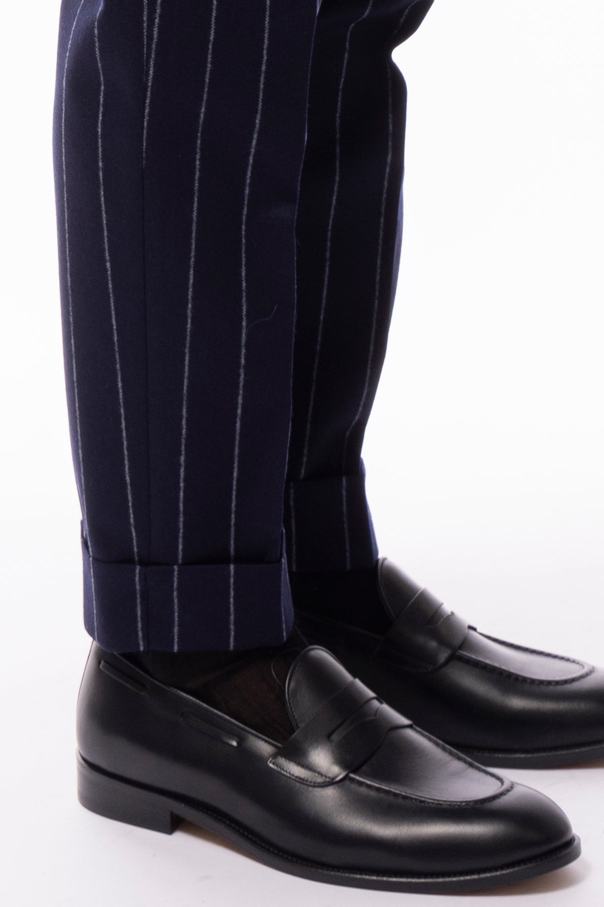 Pantalone uomo blu gessato vita alta tasca america in lana flanella Vitale Barberis Canonico con doppia pinces