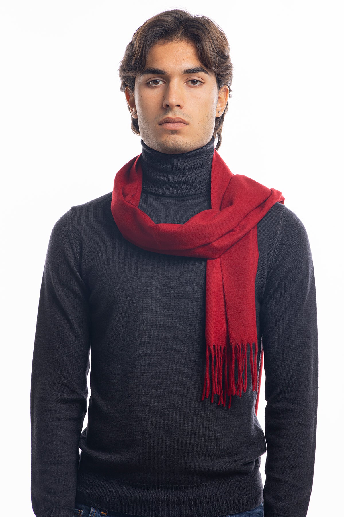 Sciarpa uomo rossa invernale effetto lana cashmere con frange