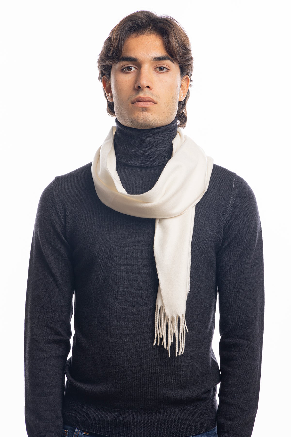 Sciarpa uomo color panna invernale effetto lana cashmere con frange