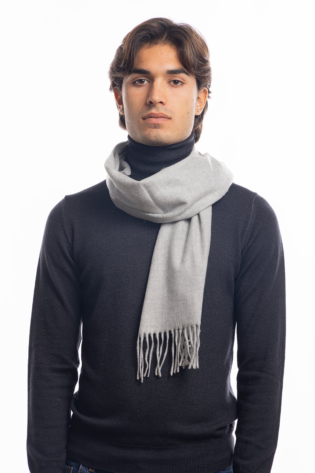 Sciarpa uomo grigio medio invernale effetto lana cashmere con frange