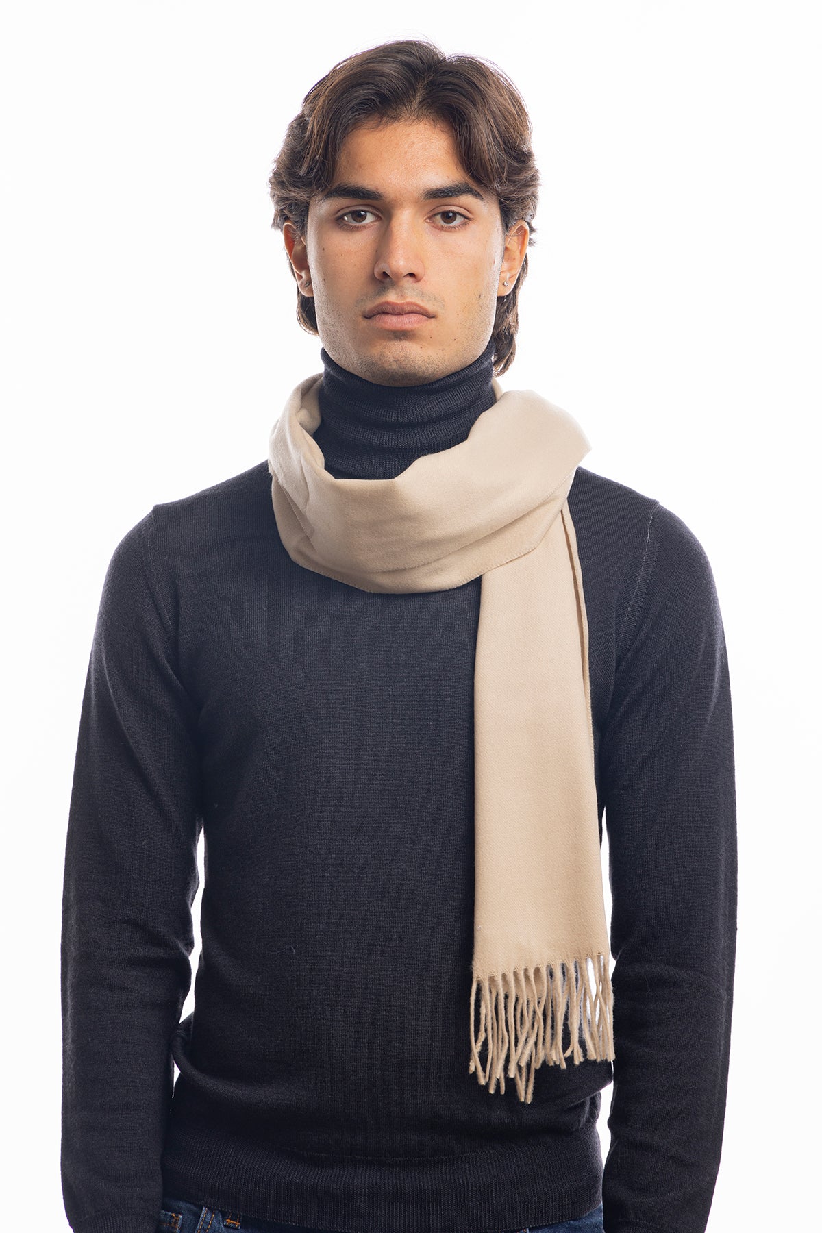 Sciarpa uomo beige invernale effetto lana cashmere con frange
