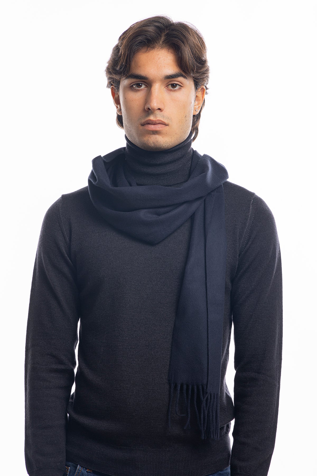 Sciarpa uomo blu invernale effetto lana cashmere con frange