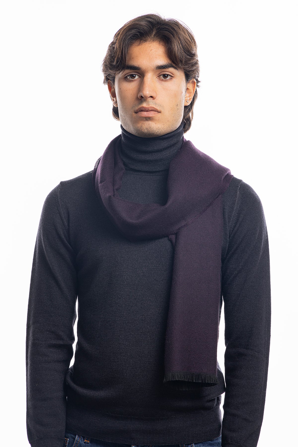 Sciarpa uomo viola spigata invernale effetto lana cashmere con frange