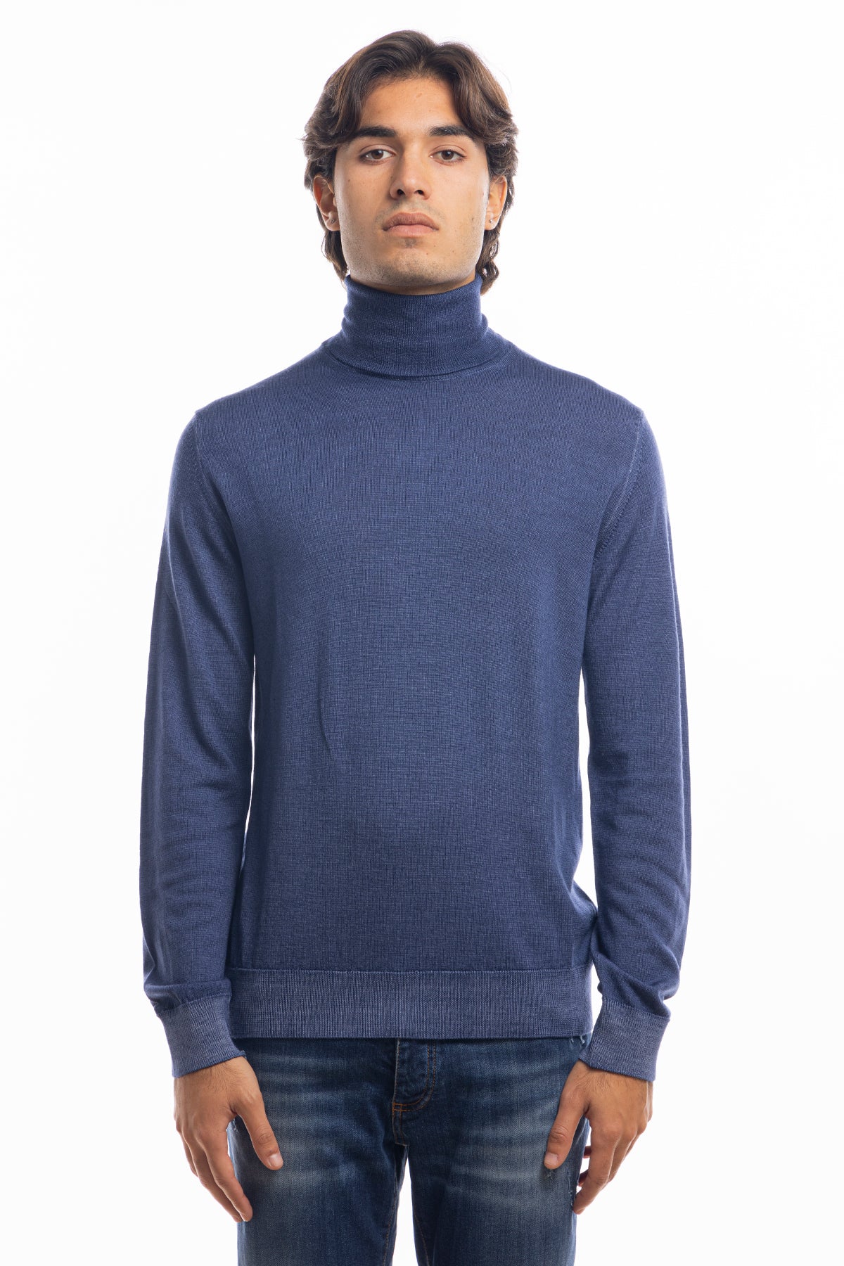 Maglione da uomo collo alto color denim blu in lana merinos 100% maniche lunghe effetto stone wash