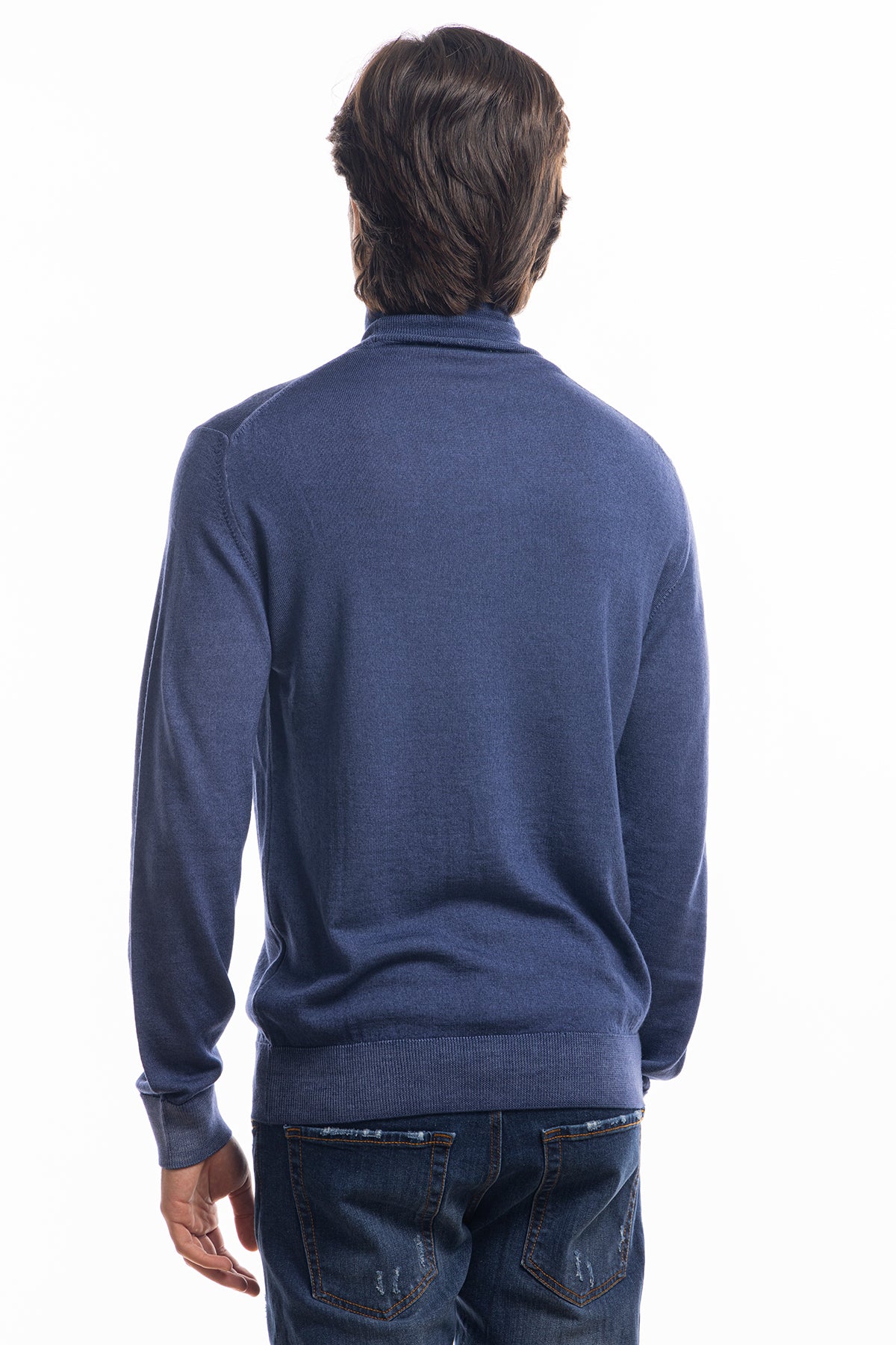 Maglione da uomo collo alto color denim blu in lana merinos 100% maniche lunghe effetto stone wash