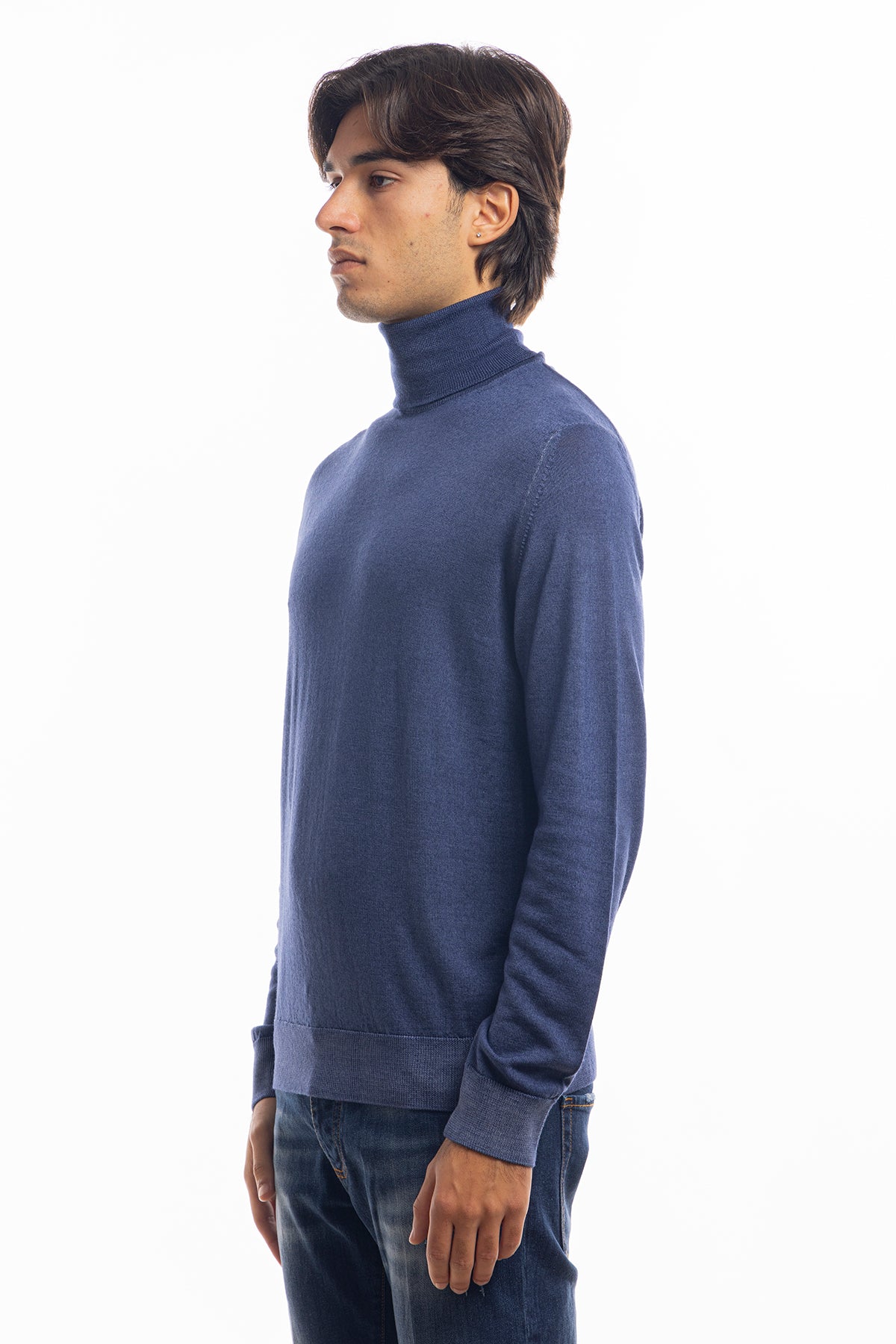 Maglione da uomo collo alto color denim blu in lana merinos 100% maniche lunghe effetto stone wash