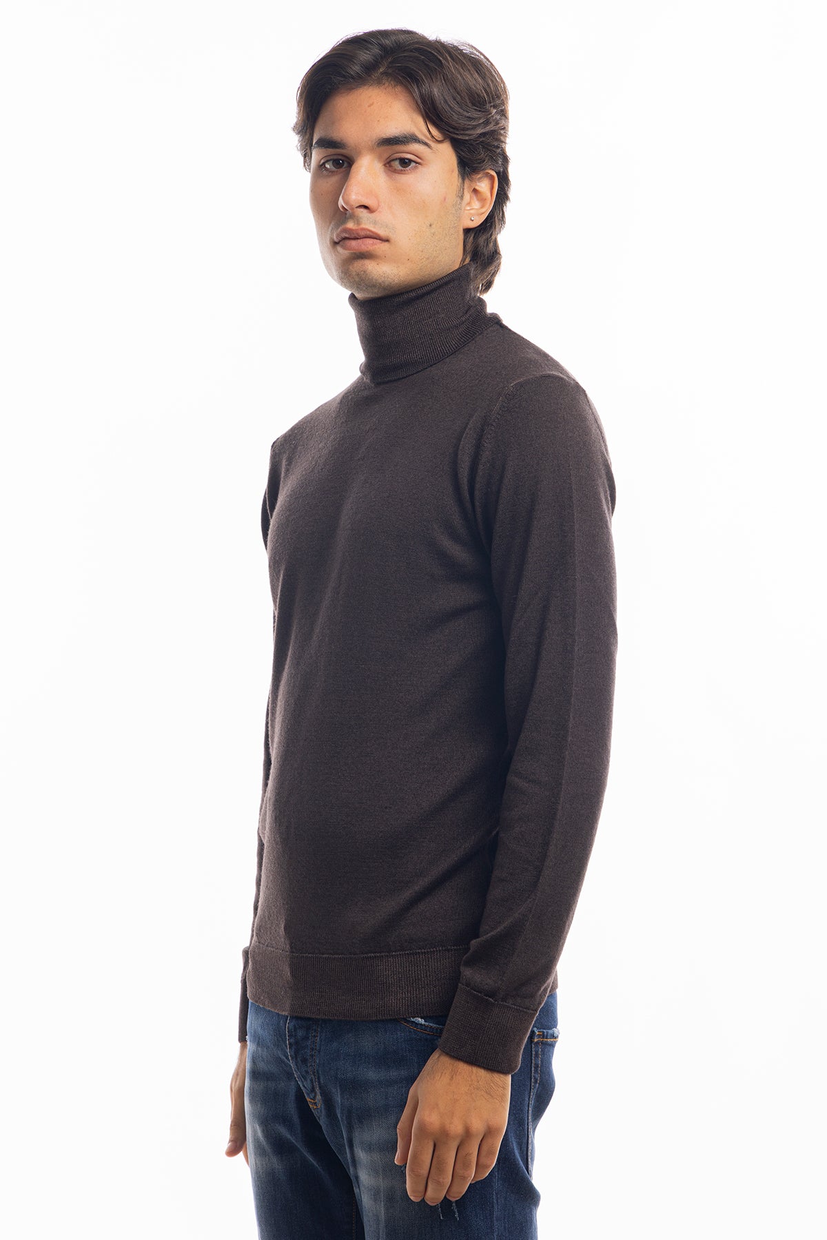 Maglione da uomo collo alto Marrone in lana merinos 100% maniche lunghe effetto stone wash