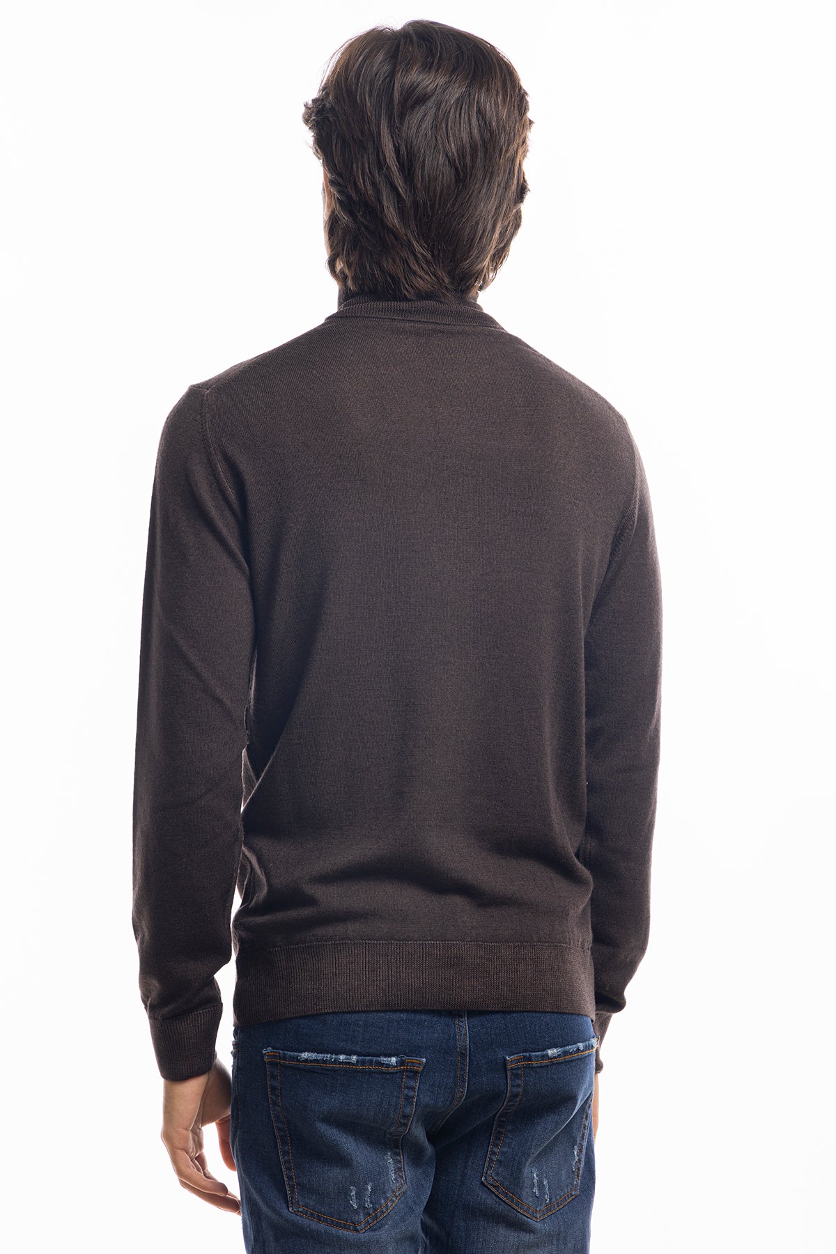 Maglione da uomo collo alto Marrone in lana merinos 100% maniche lunghe effetto stone wash