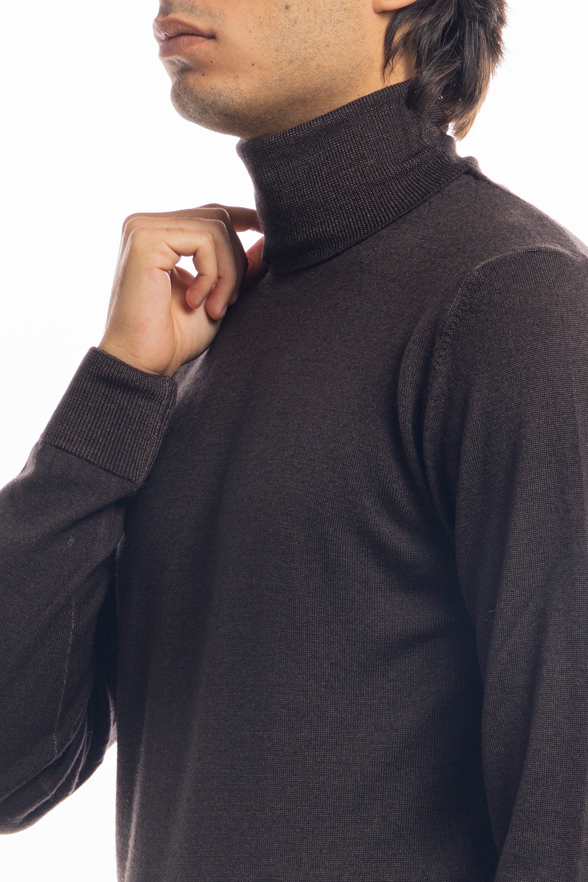 Maglione da uomo collo alto Marrone in lana merinos 100% maniche lunghe effetto stone wash