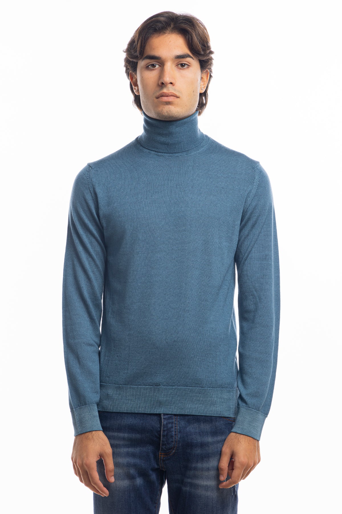 Maglione da uomo collo alto color petrolio in lana merinos 100% maniche lunghe effetto stone wash