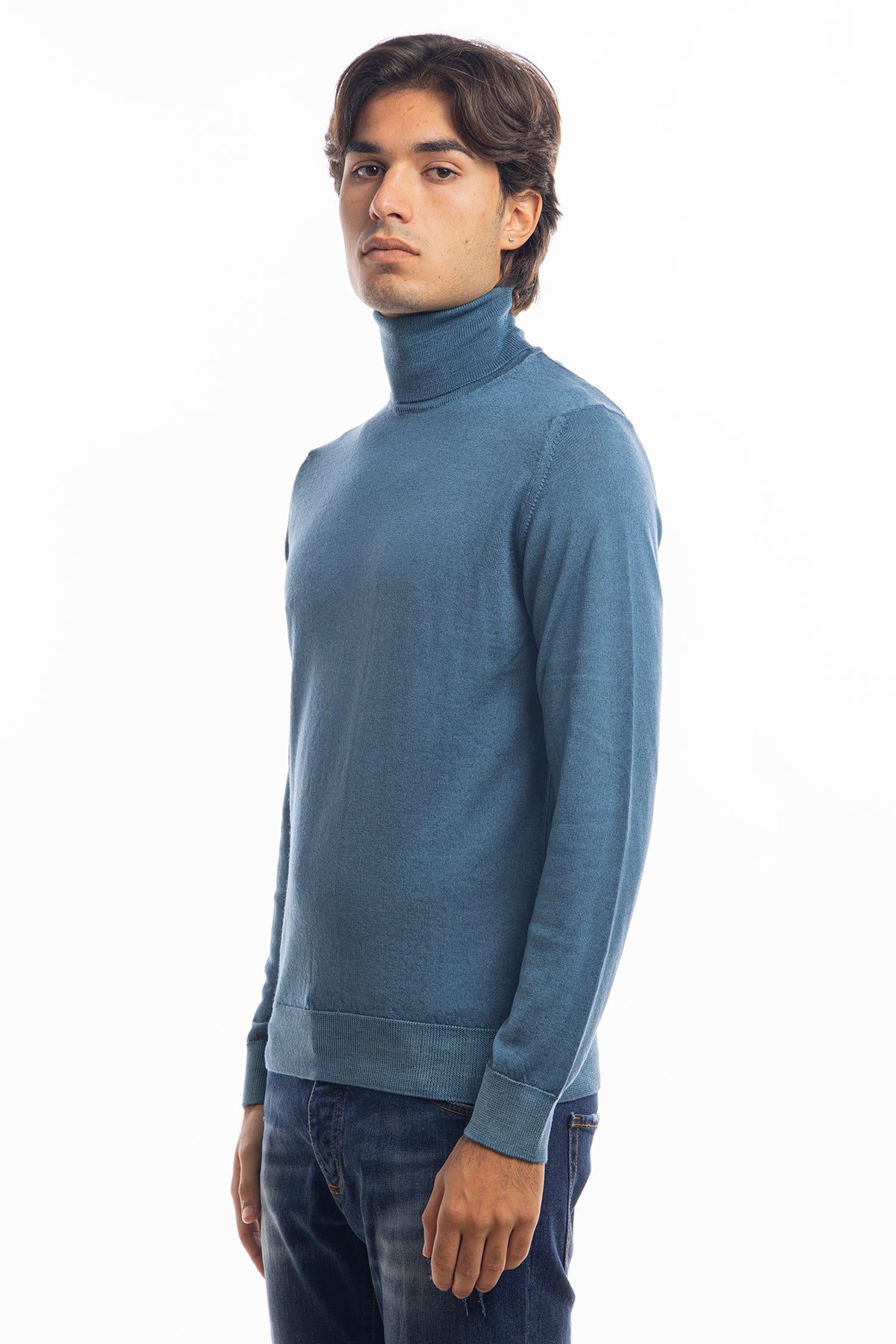 Maglione da uomo collo alto color petrolio in lana merinos 100% maniche lunghe effetto stone wash