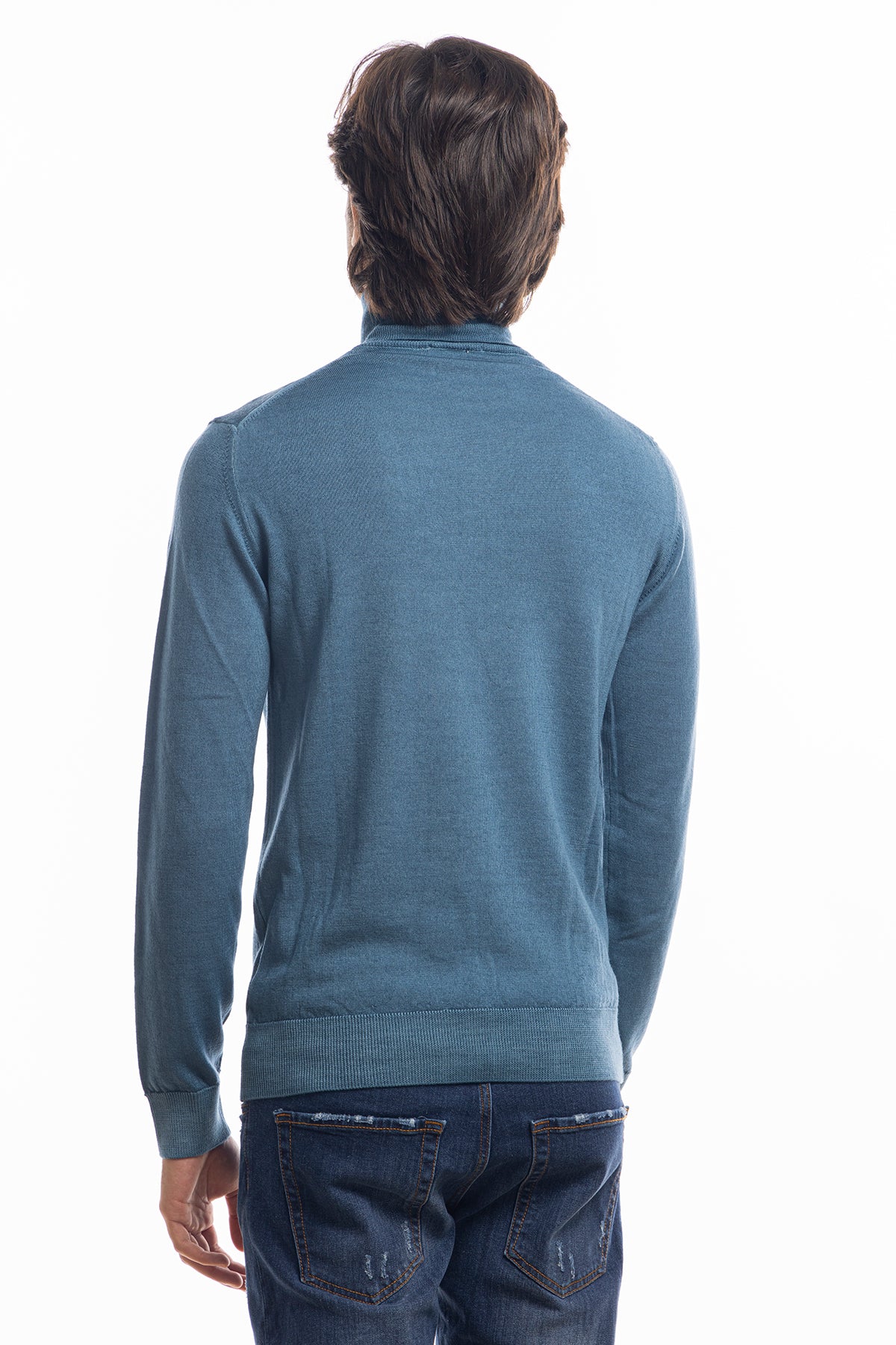 Maglione da uomo collo alto color petrolio in lana merinos 100% maniche lunghe effetto stone wash