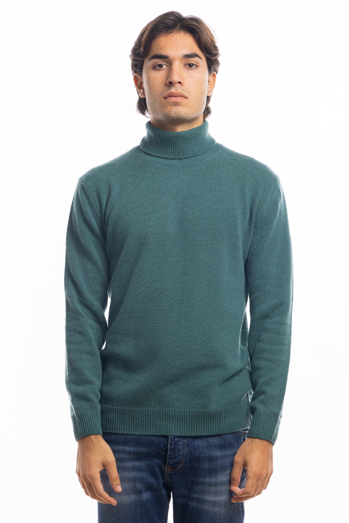 Maglione da uomo collo alto Verde in lana maniche lunghe