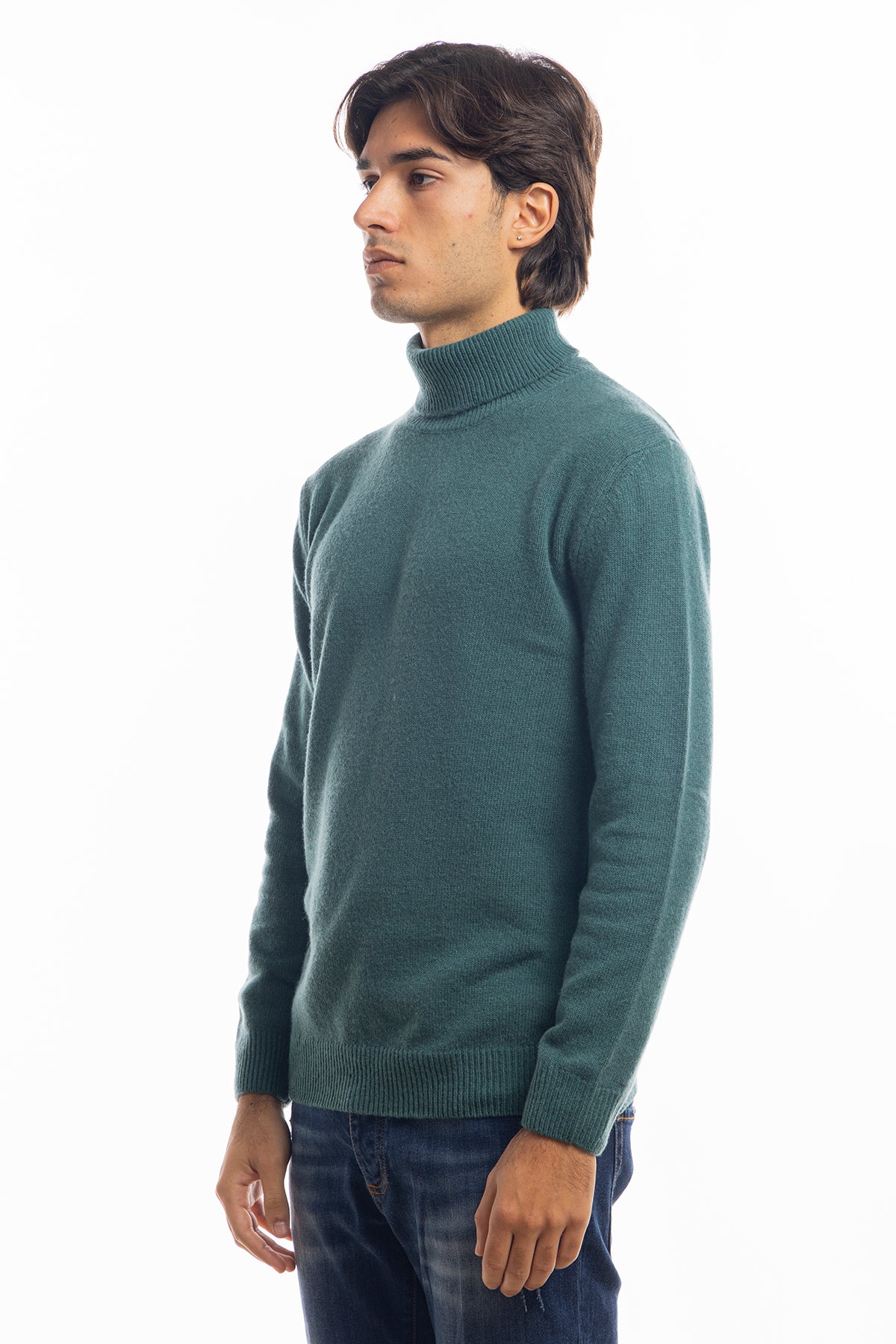 Maglione da uomo collo alto Verde in lana maniche lunghe