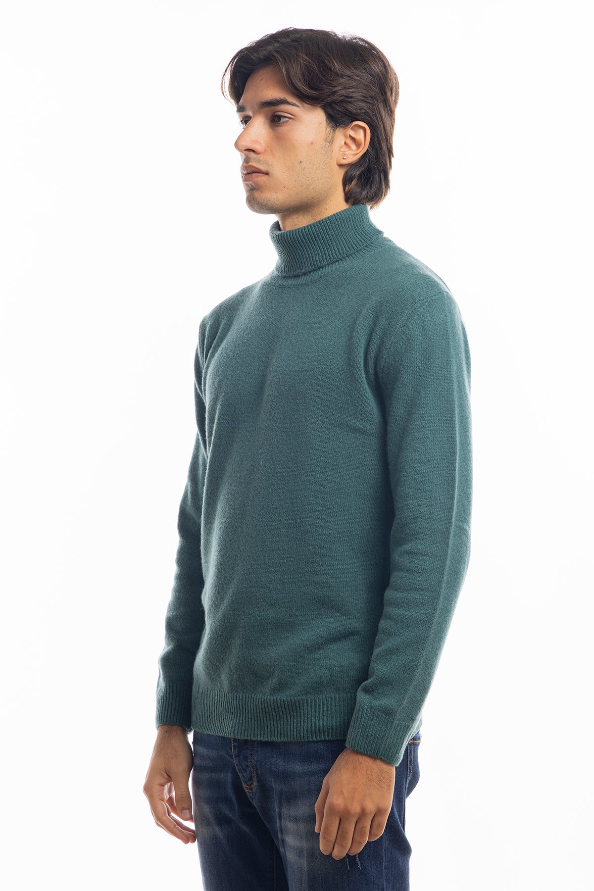 Maglione da uomo collo alto Verde in lana maniche lunghe