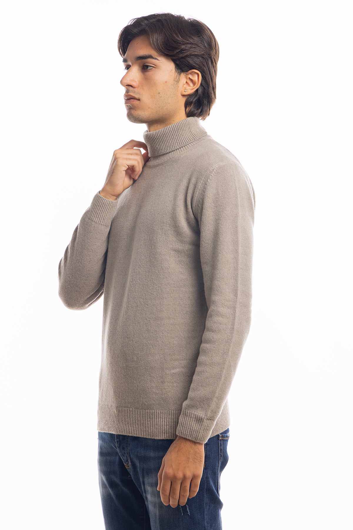 Maglione da uomo collo alto beige in lana maniche lunghe