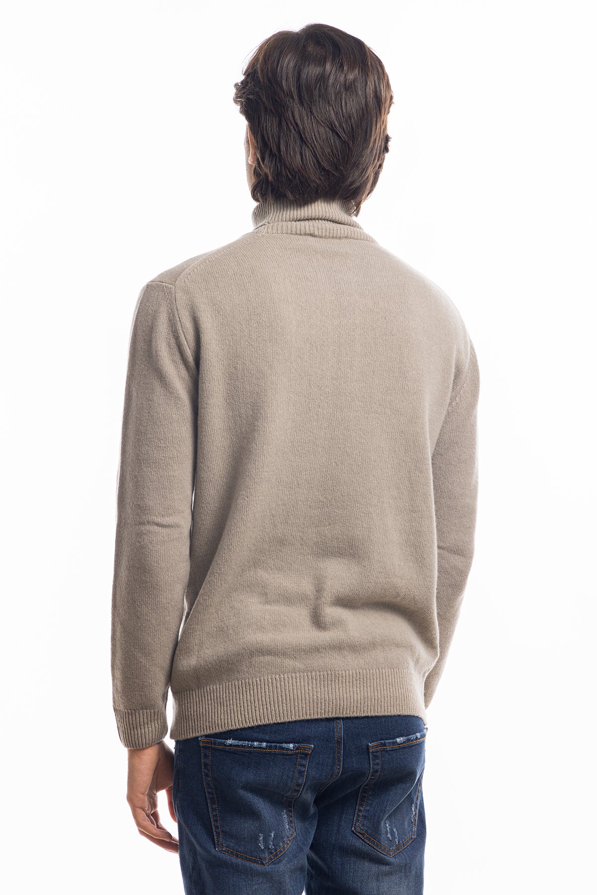 Maglione da uomo collo alto beige in lana maniche lunghe