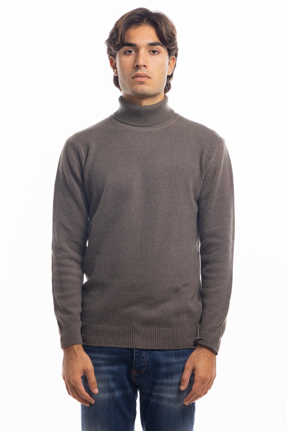 Maglione da uomo collo alto marrone in lana maniche lunghe