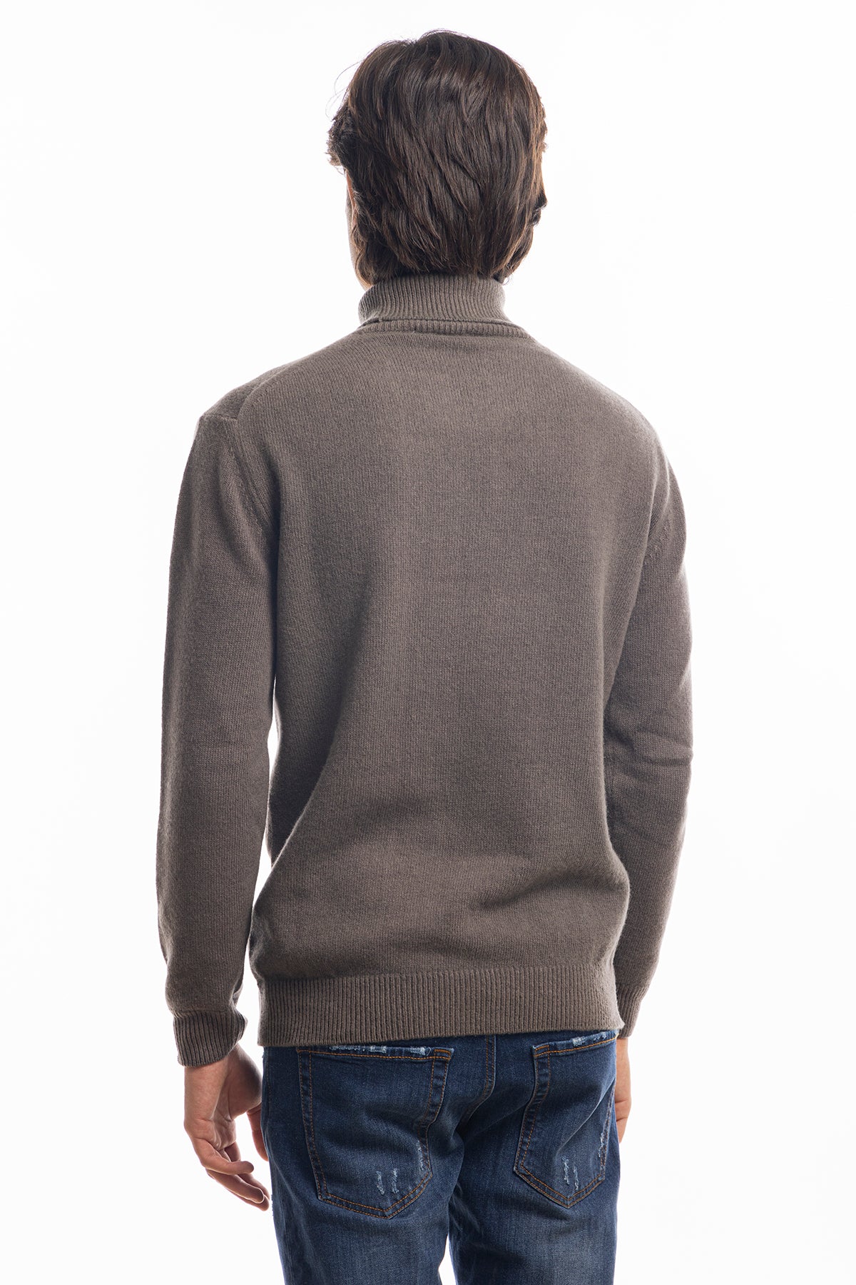 Maglione da uomo collo alto marrone in lana maniche lunghe